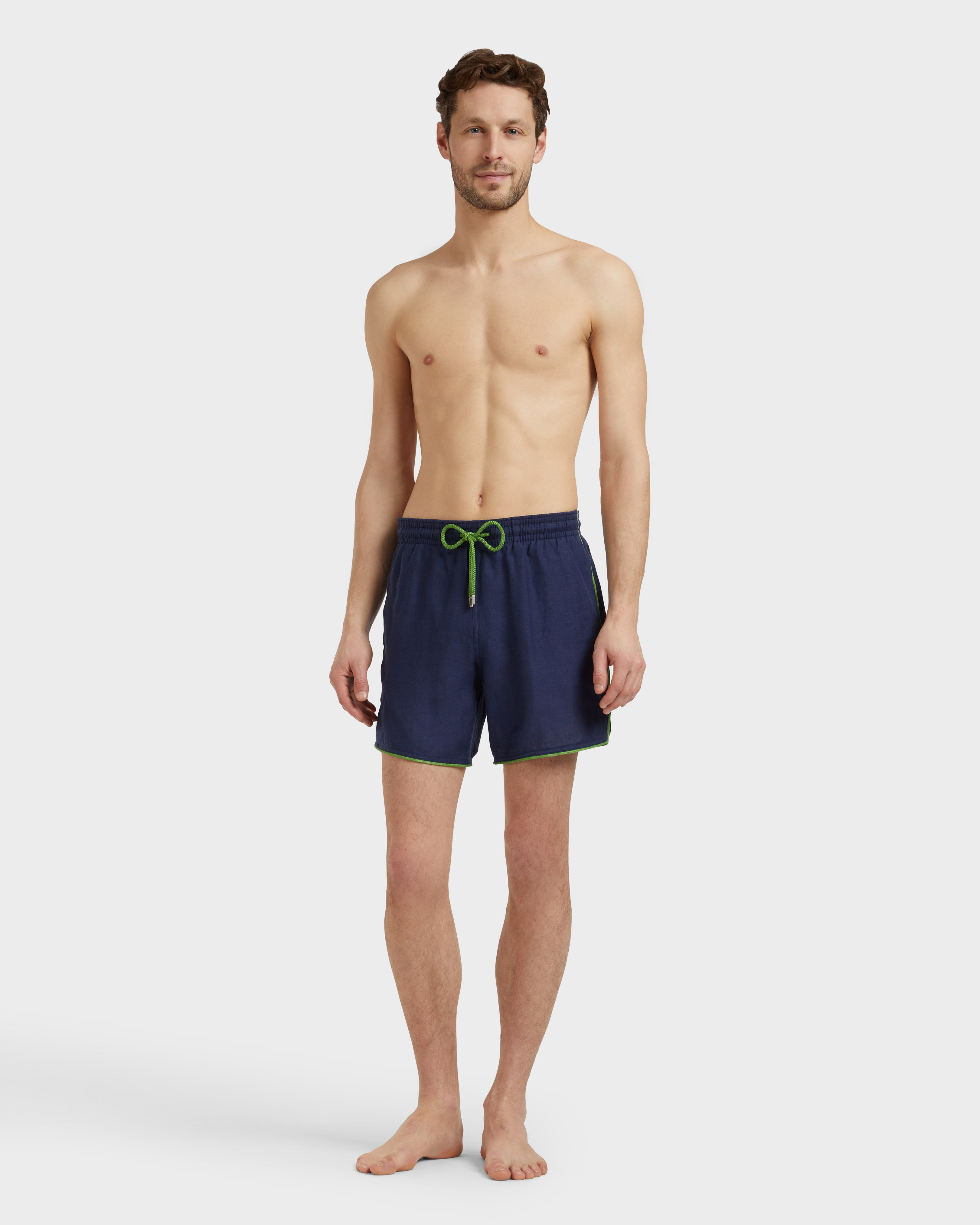 Men Linen Swim Shorts Solid NAVY frontworn view
