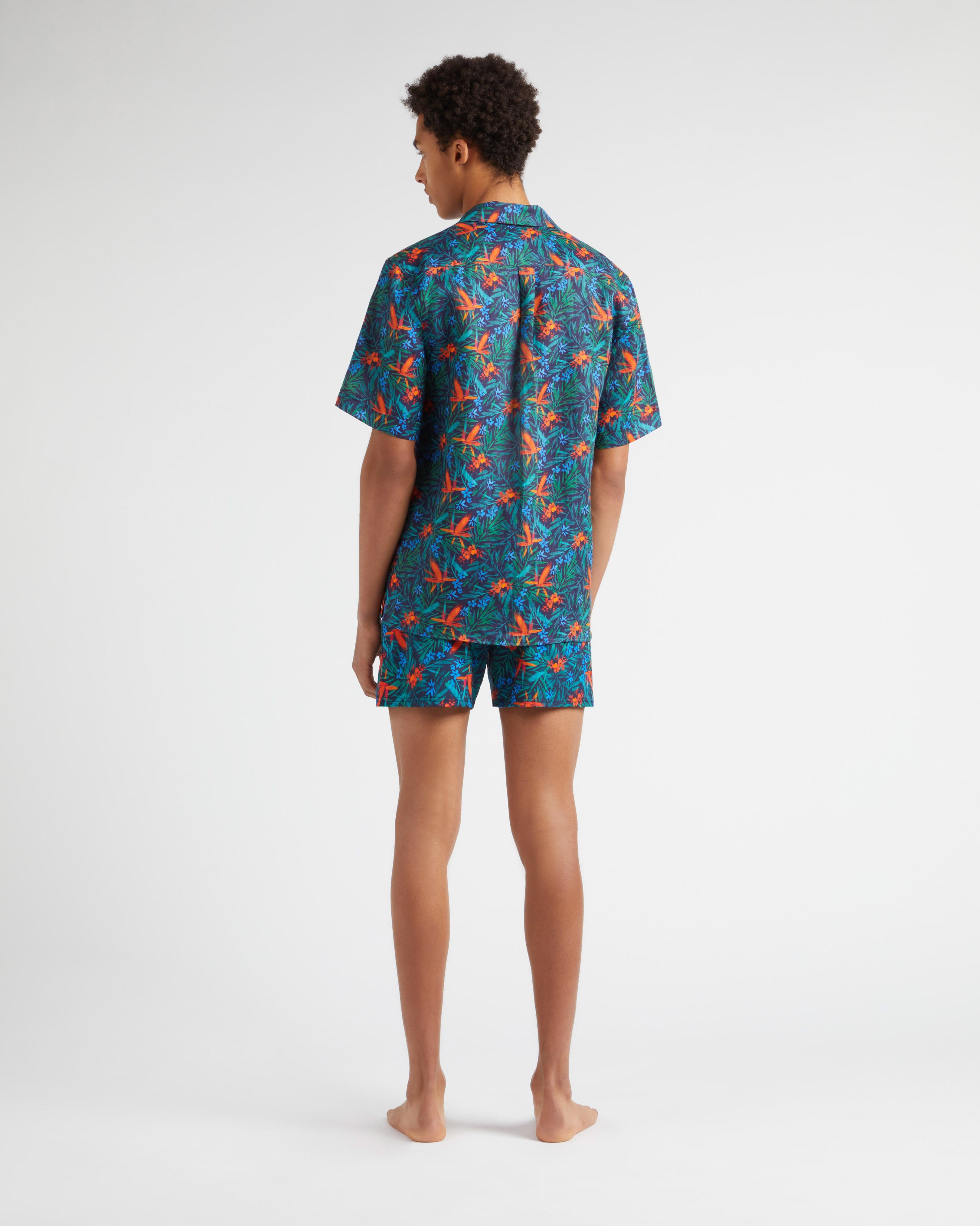 Camicia bowling uomo in lino Tropical Flowers BLU MARINE backworn view