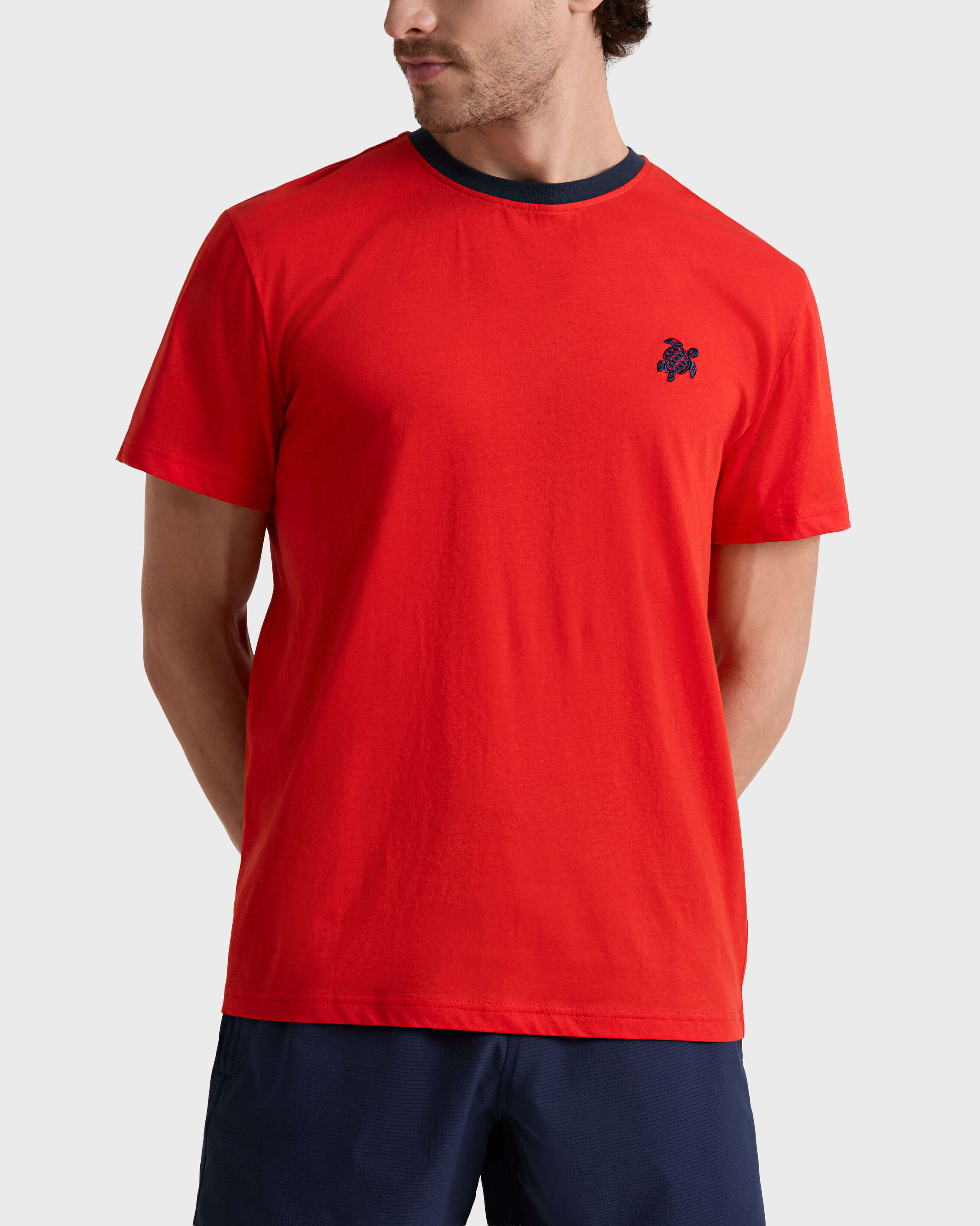 Men Organic Cotton Bicolor T-shirt POPPY RED frontworn view