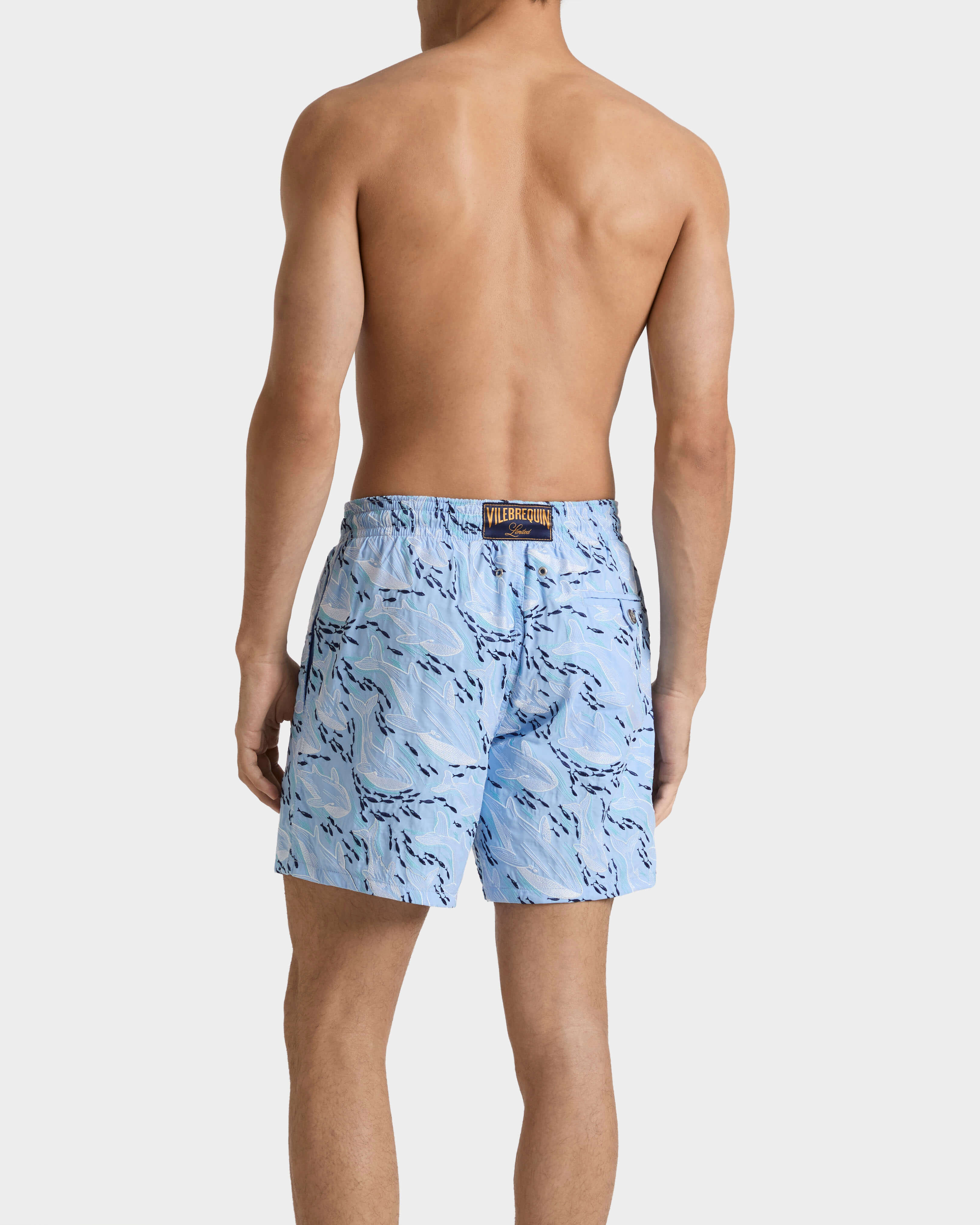 Men Embroidered Swim Trunks Whales Offset - Limited Edition FLAX FLOWER backworn view