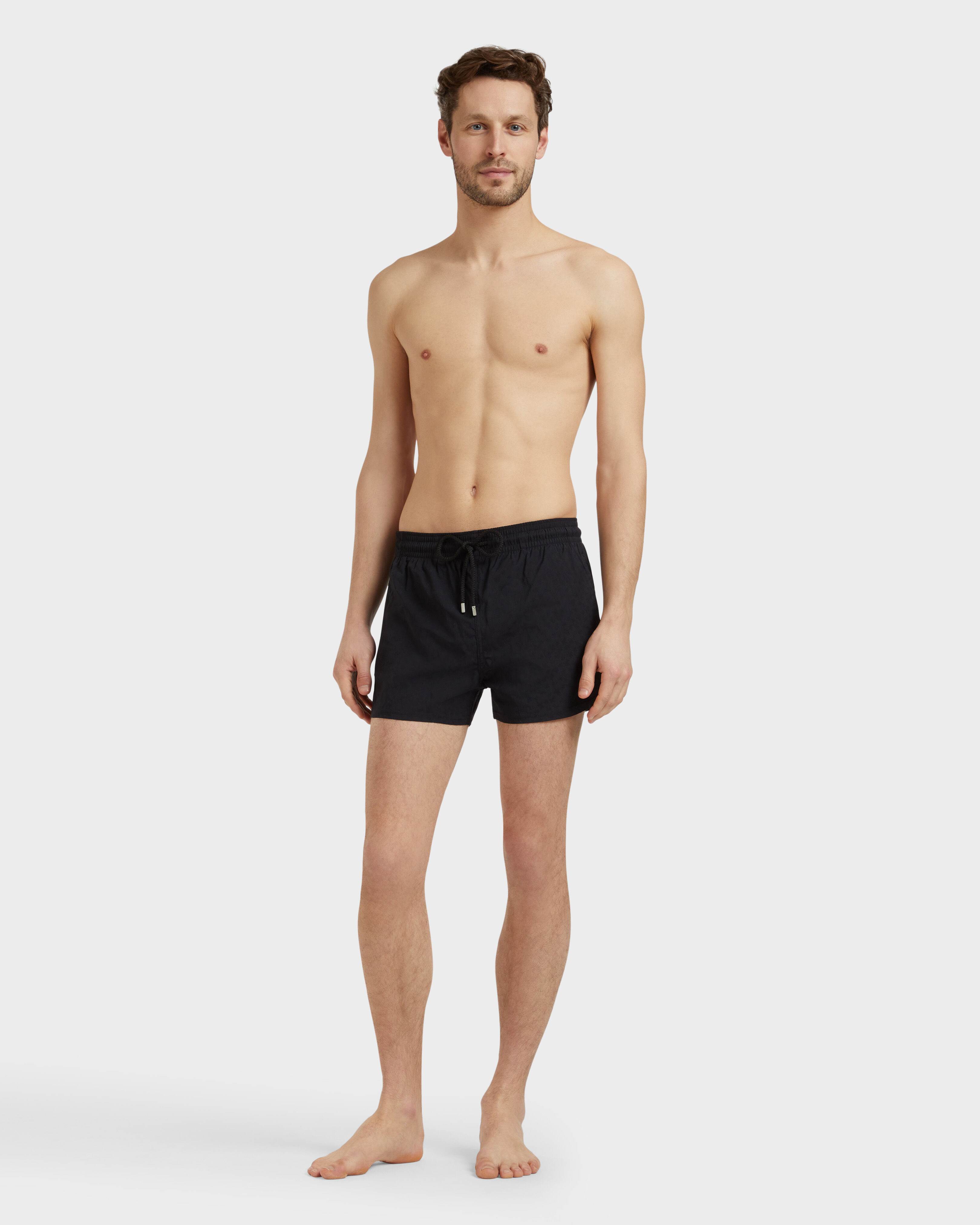 Men Short Swim Trunks Jacquard Turtles BLACK frontworn view