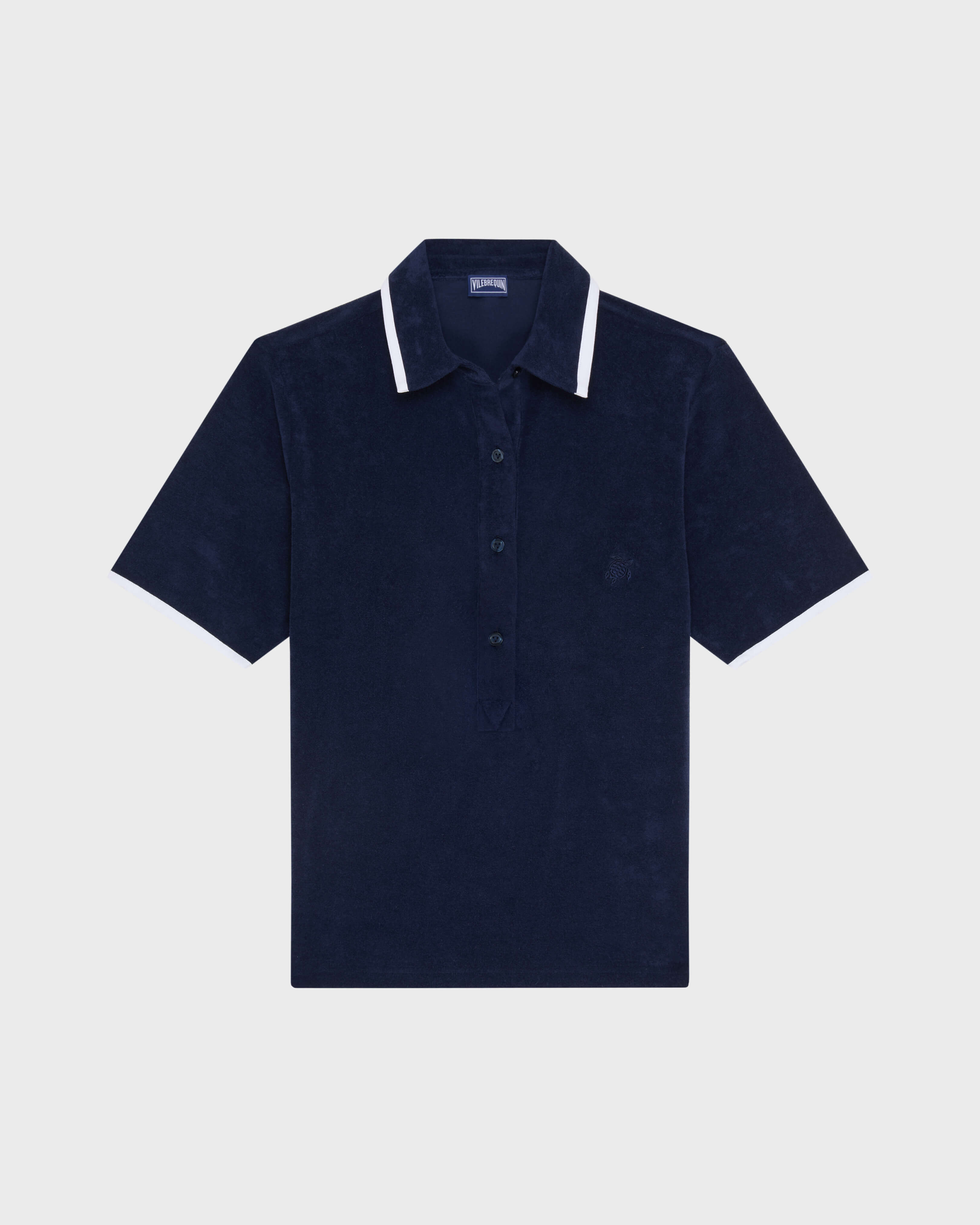 Women Terry Polo Solid NAVY front view