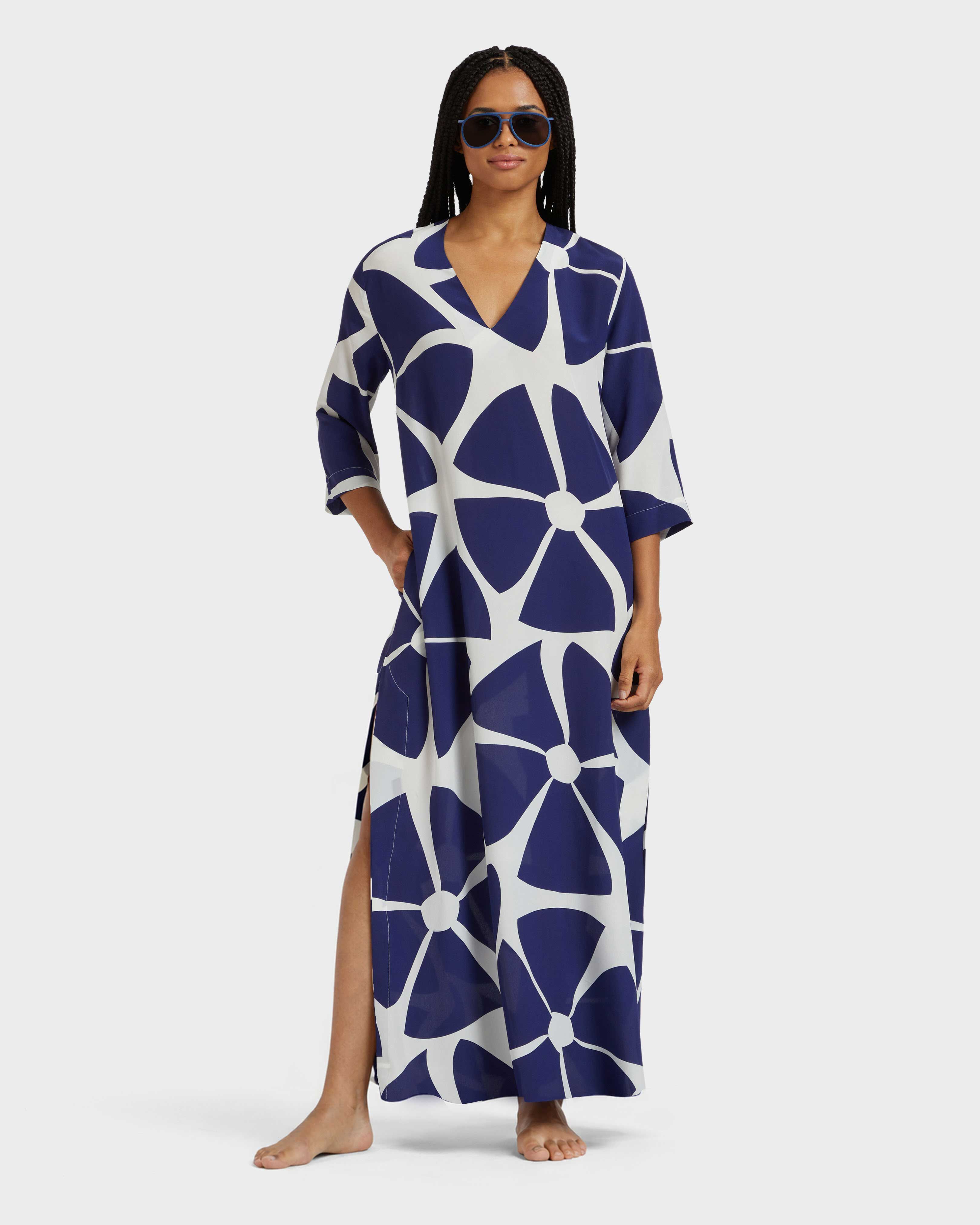 Women Long Silk Crepe De Chine Kaftan Big Flowers MIDNIGHT supp1 view