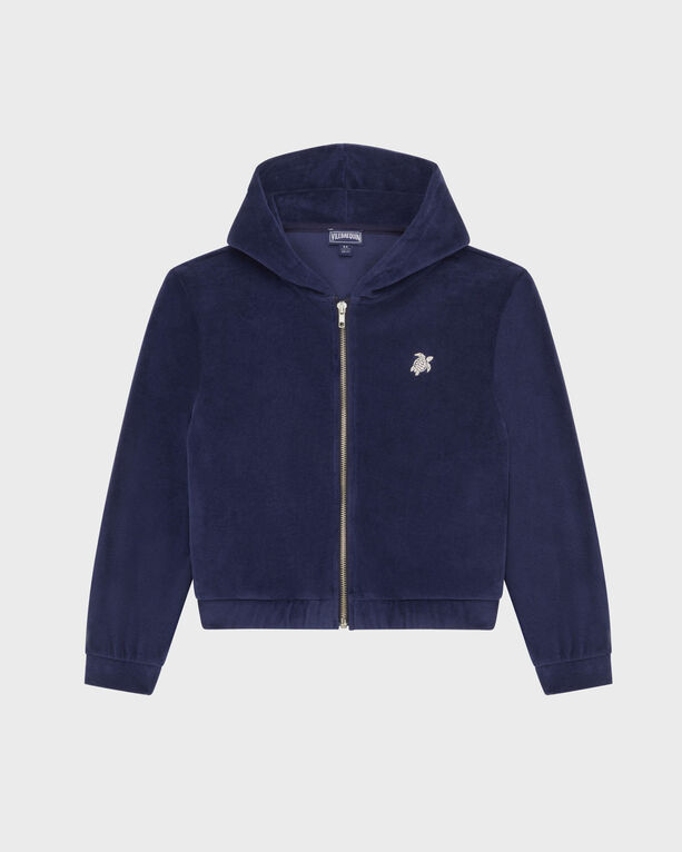 Vilebrequin Kids Velvet Full Zip Sweatshirt Embroidered Turtle In Blue