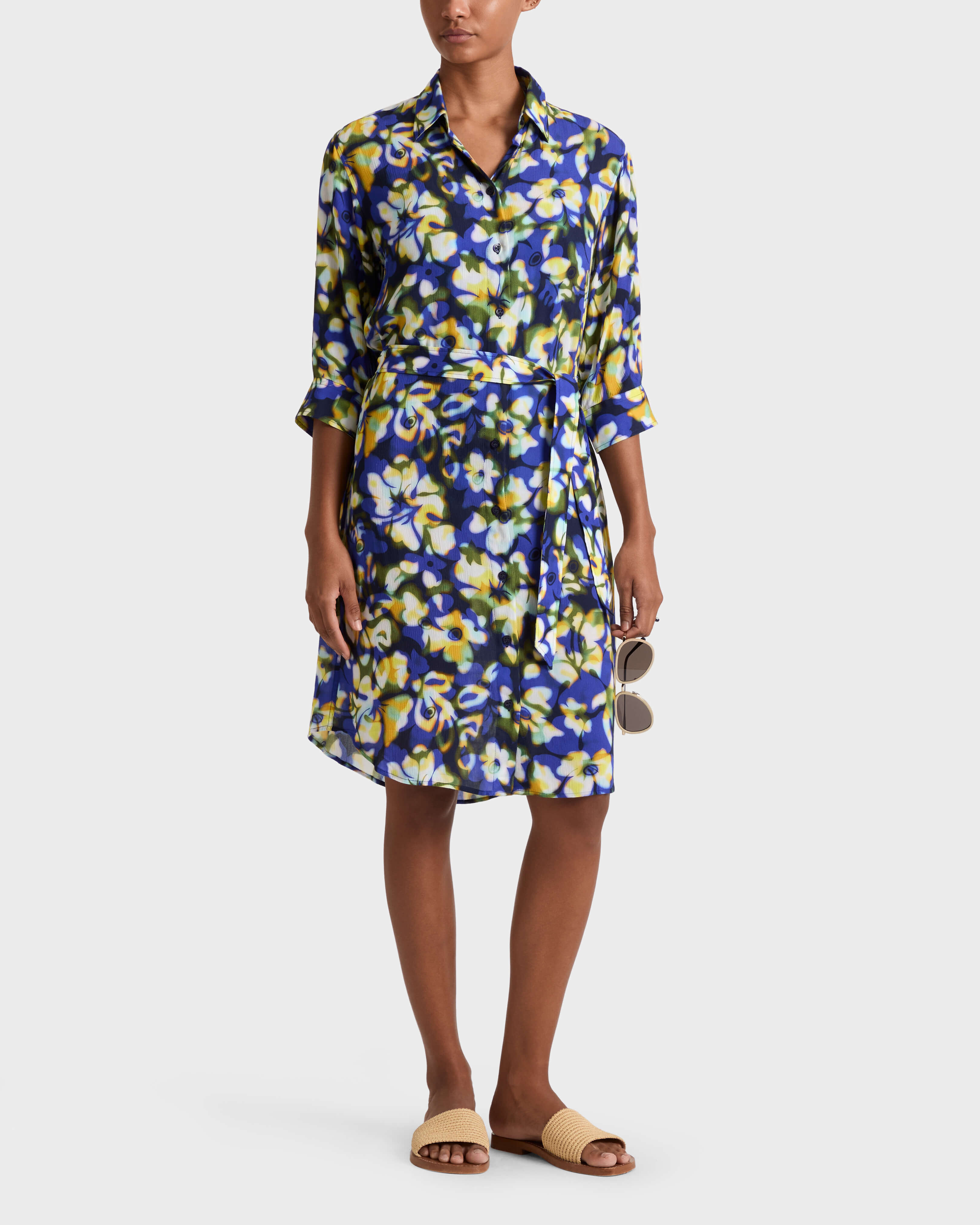 Women Viscose Long Shirt Dress Frangipanier Trouble NAVY frontworn view