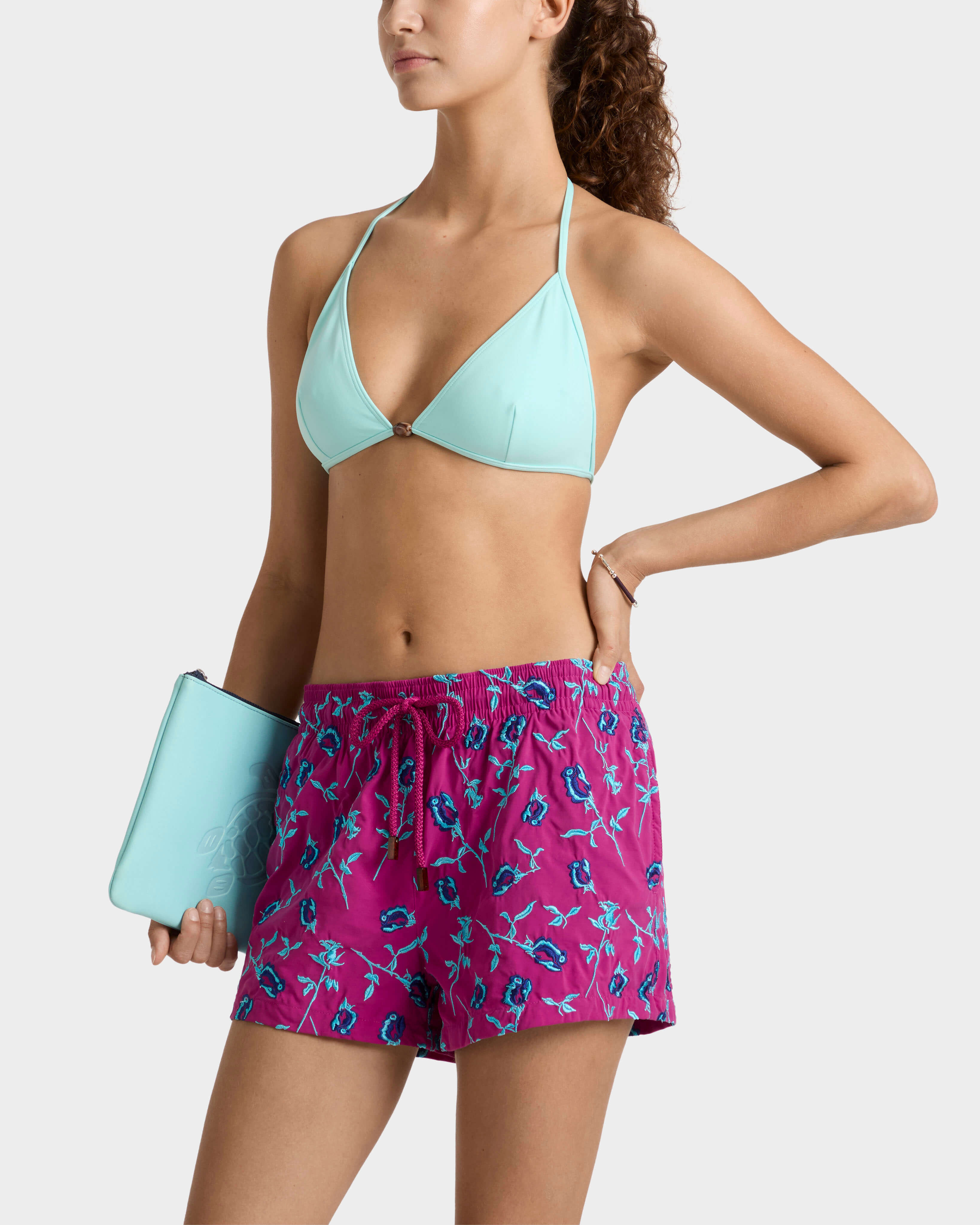 Women Embroidered Roses Swim Shorts - Limited Edition CRIMSON PURPLE frontworn view