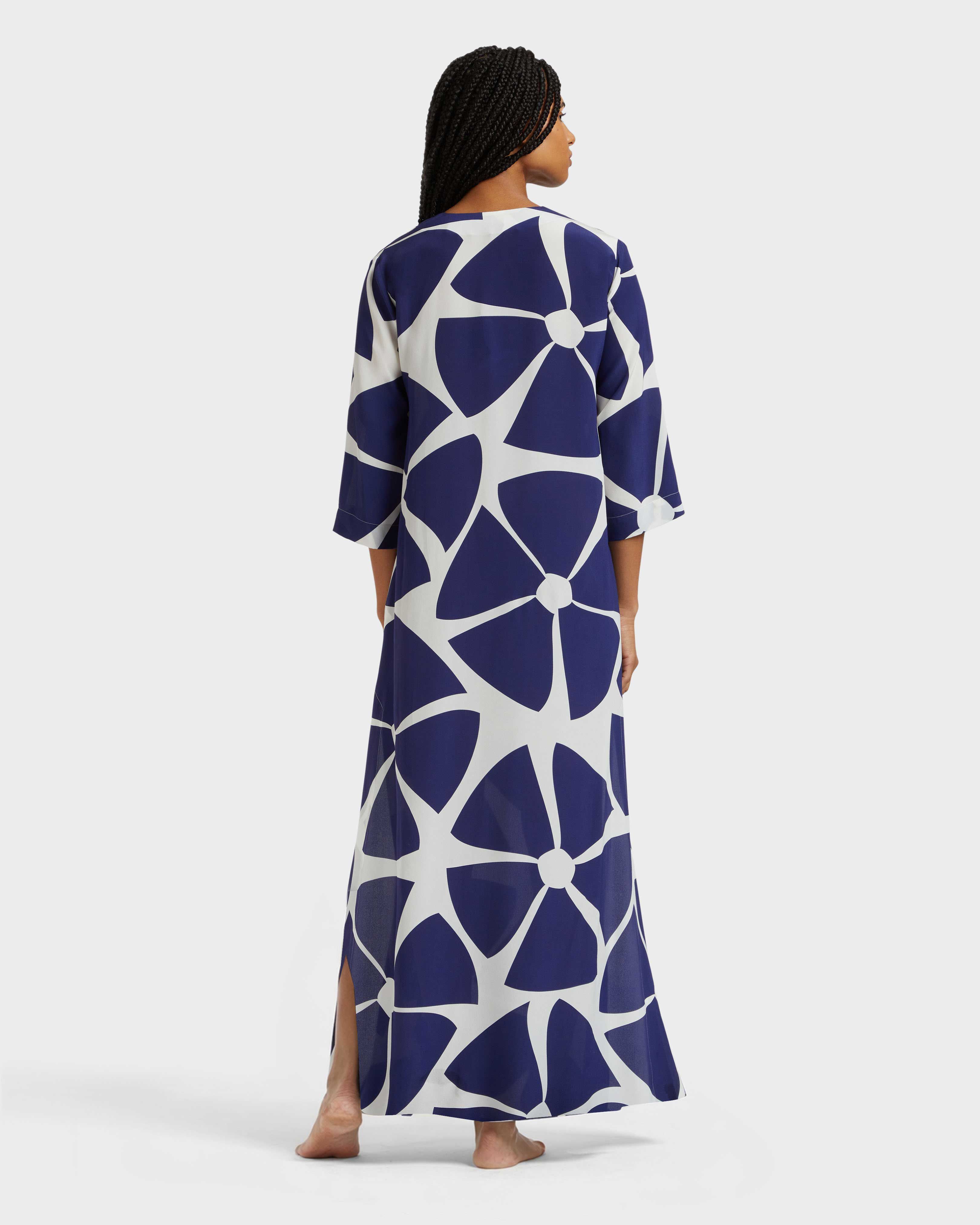 Women Long Silk Crepe De Chine Kaftan Big Flowers MIDNIGHT backworn view