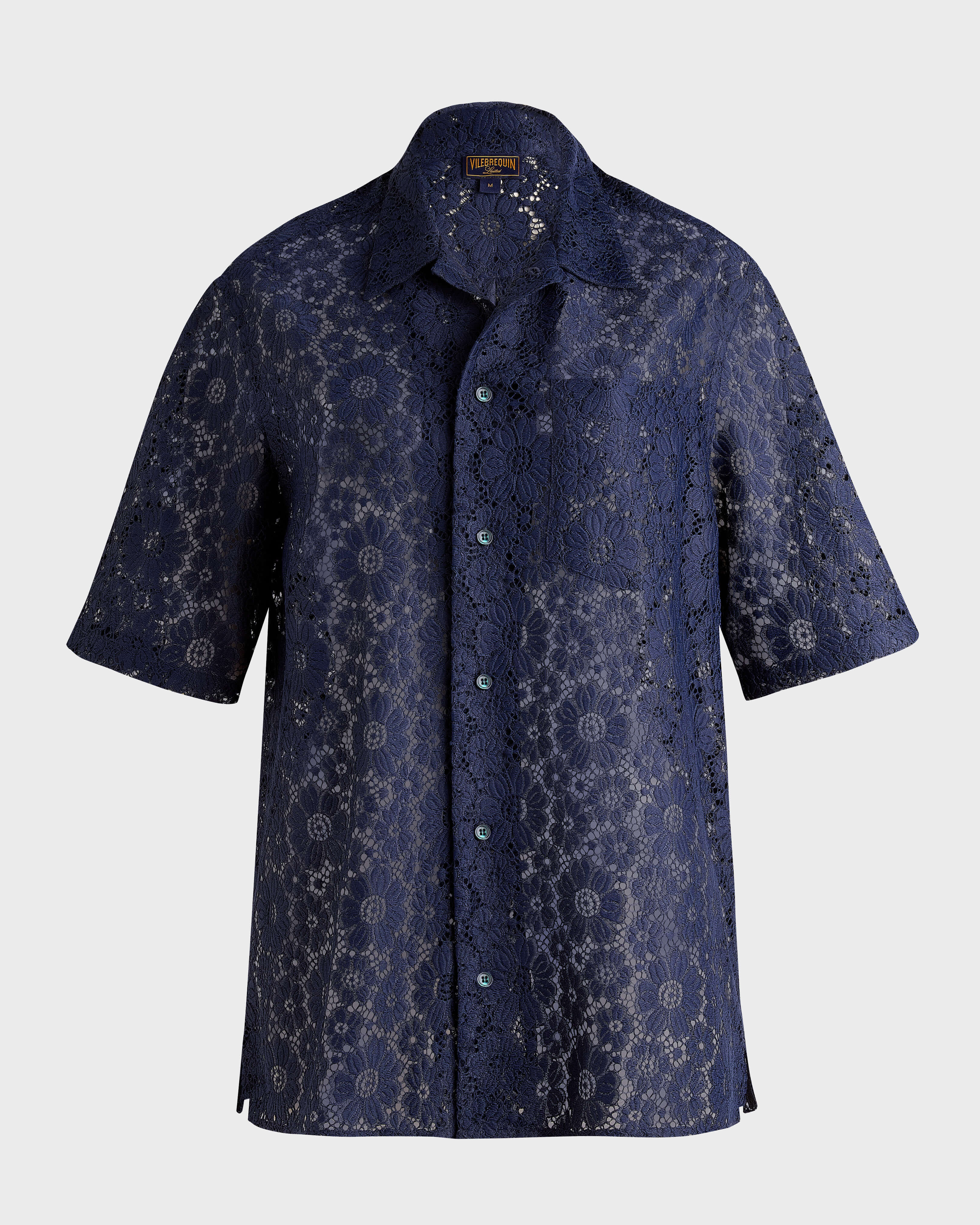 Camisa de manga corta en guipur floral hombre - Collection Limited AZUL MARINO front view