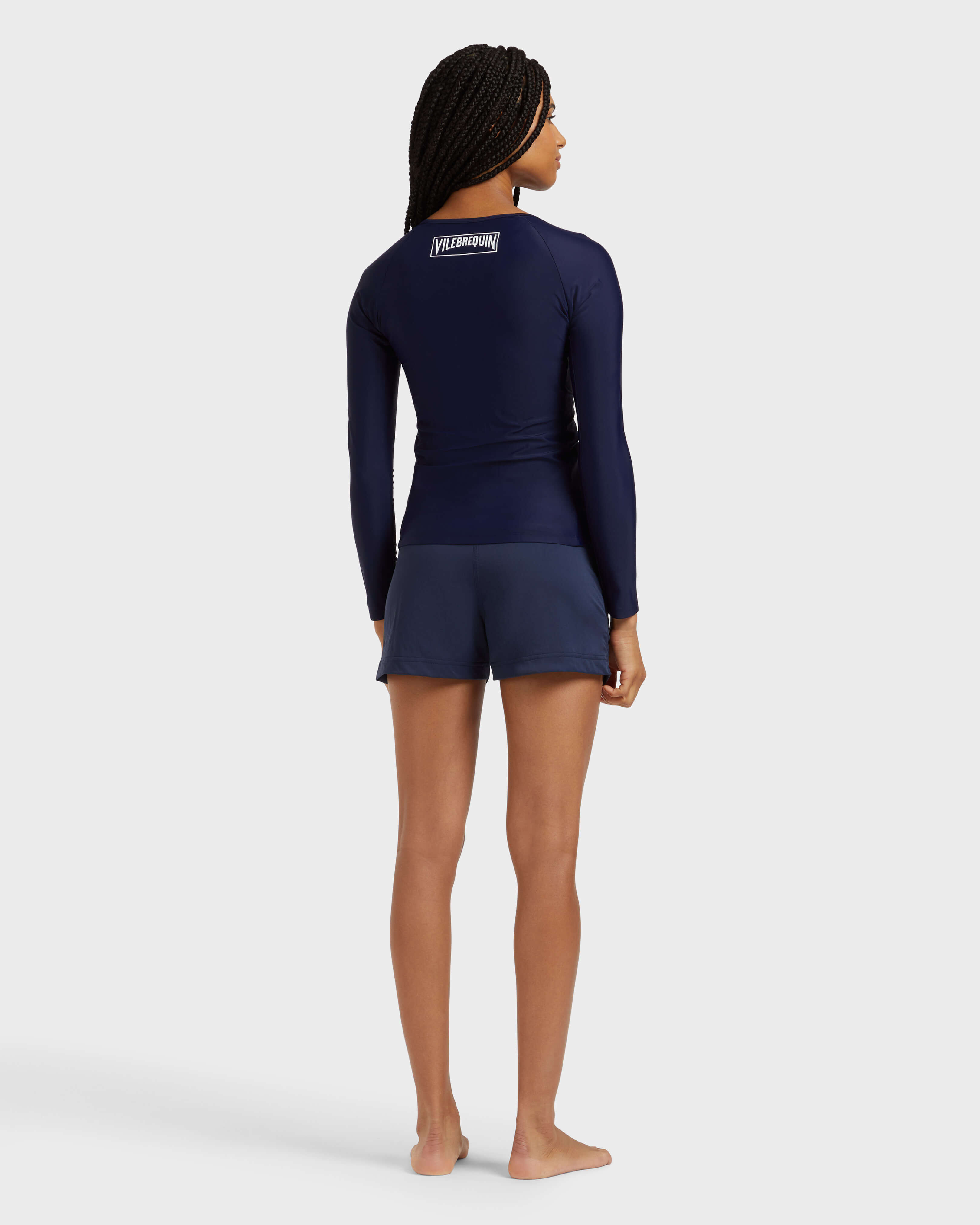 Women Long Sleeve Zipper Rashguard Solid NAVY backworn view