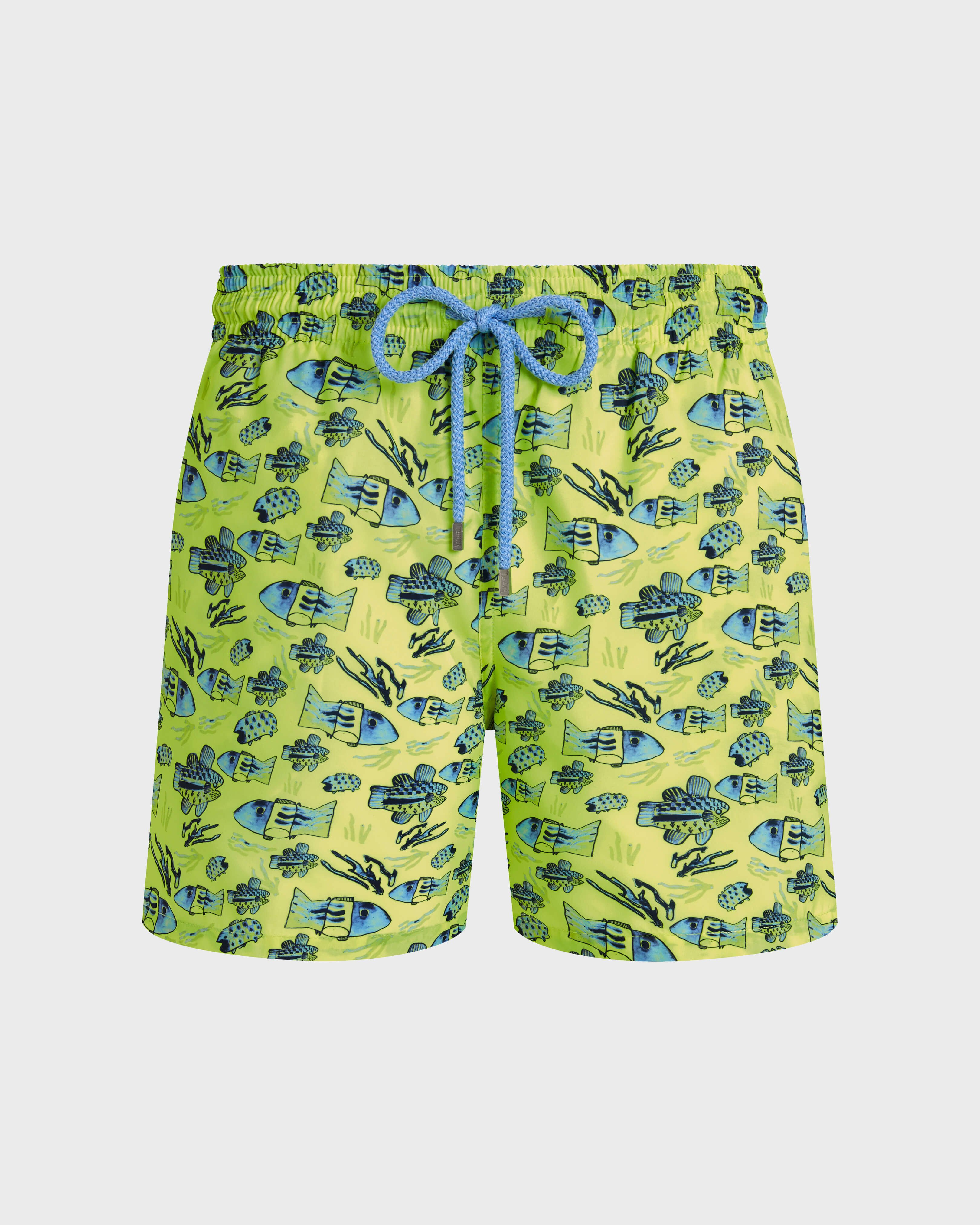 Men Ultra-light and packable Swim Shorts Fishies Drawing NEON YELLOW front view