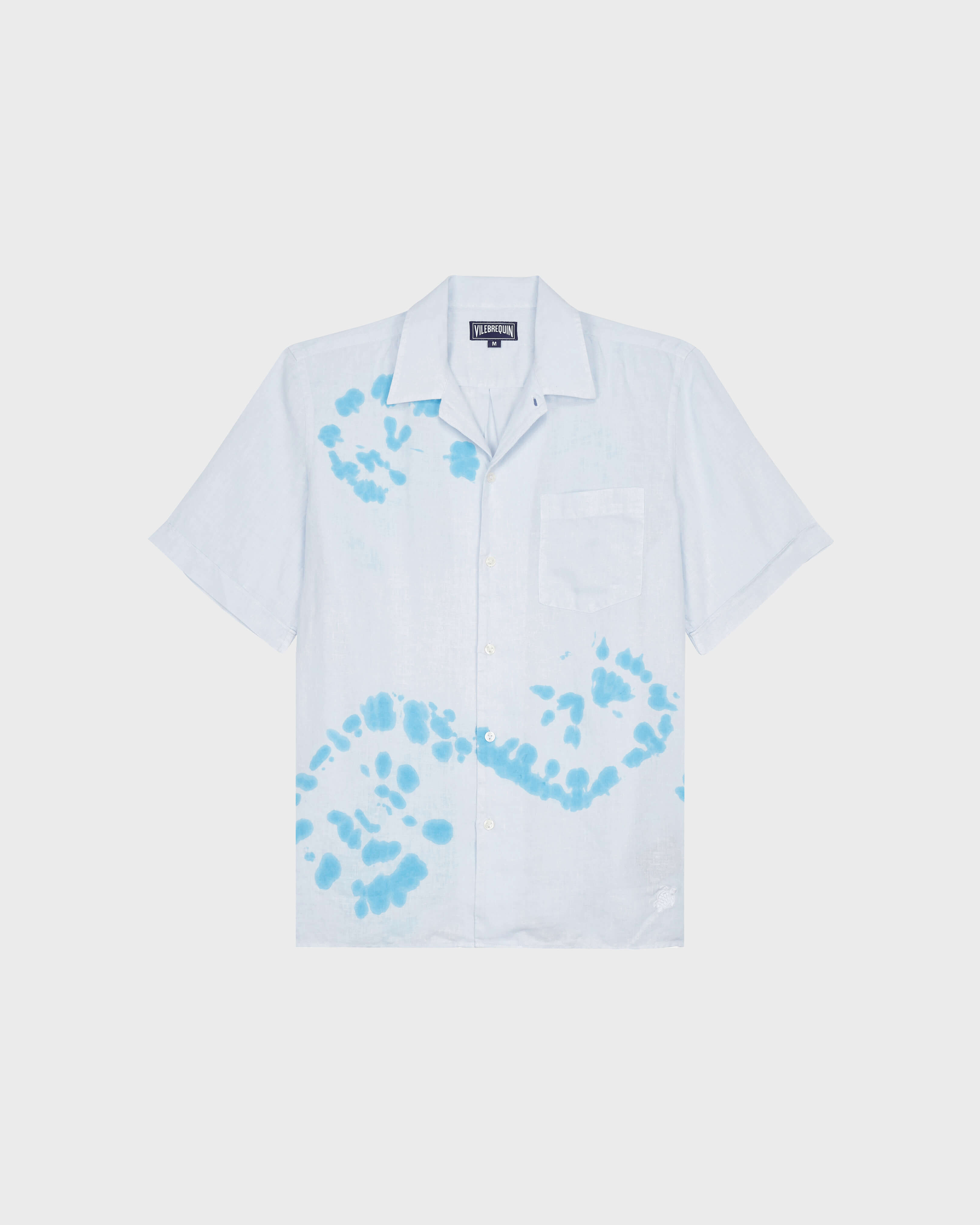 Men Linen and Cotton Bowling Shirt Snail Tieand Dye AZZURRO front view