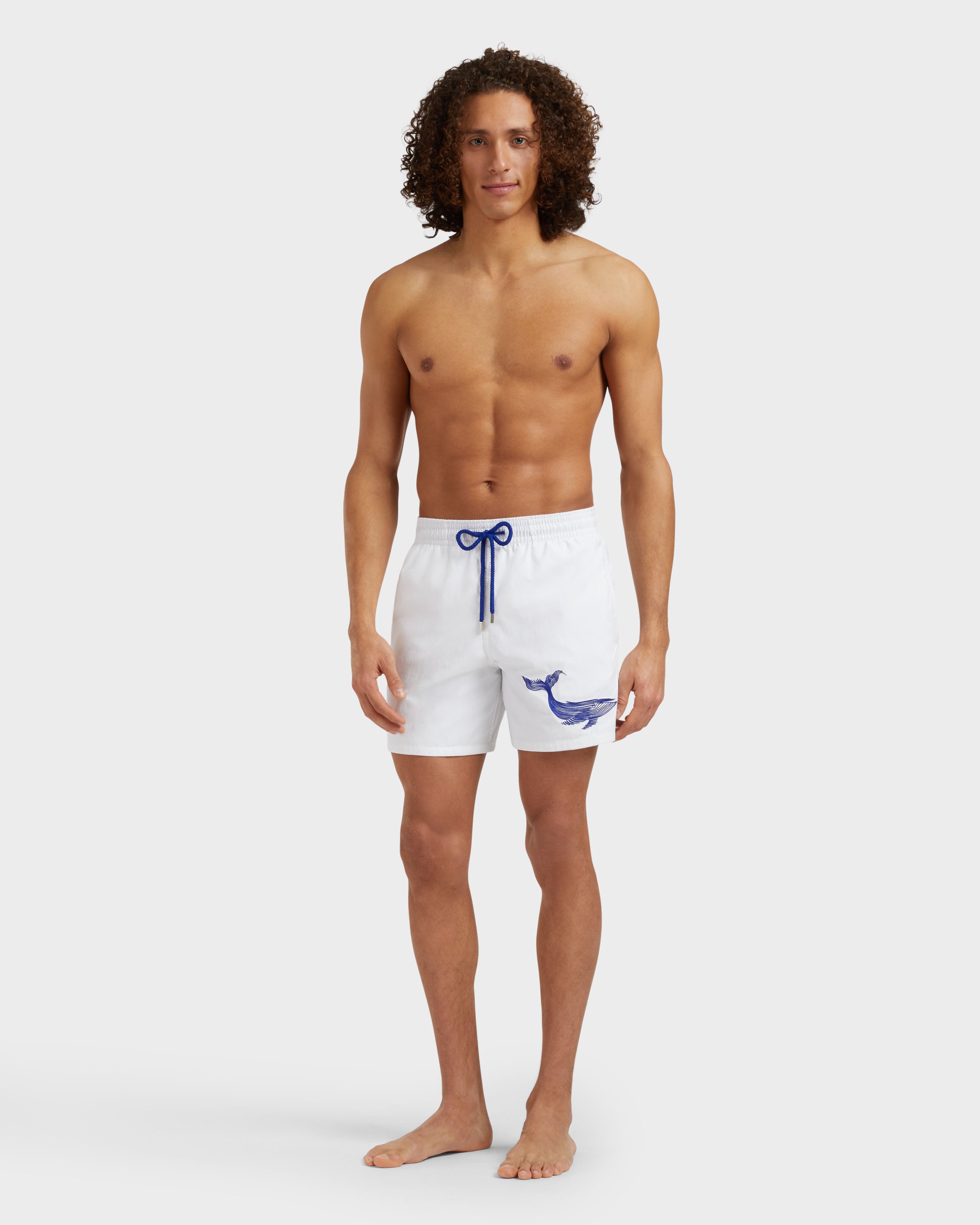 Men Swim Shorts Embroidered Whale WHITE frontworn view