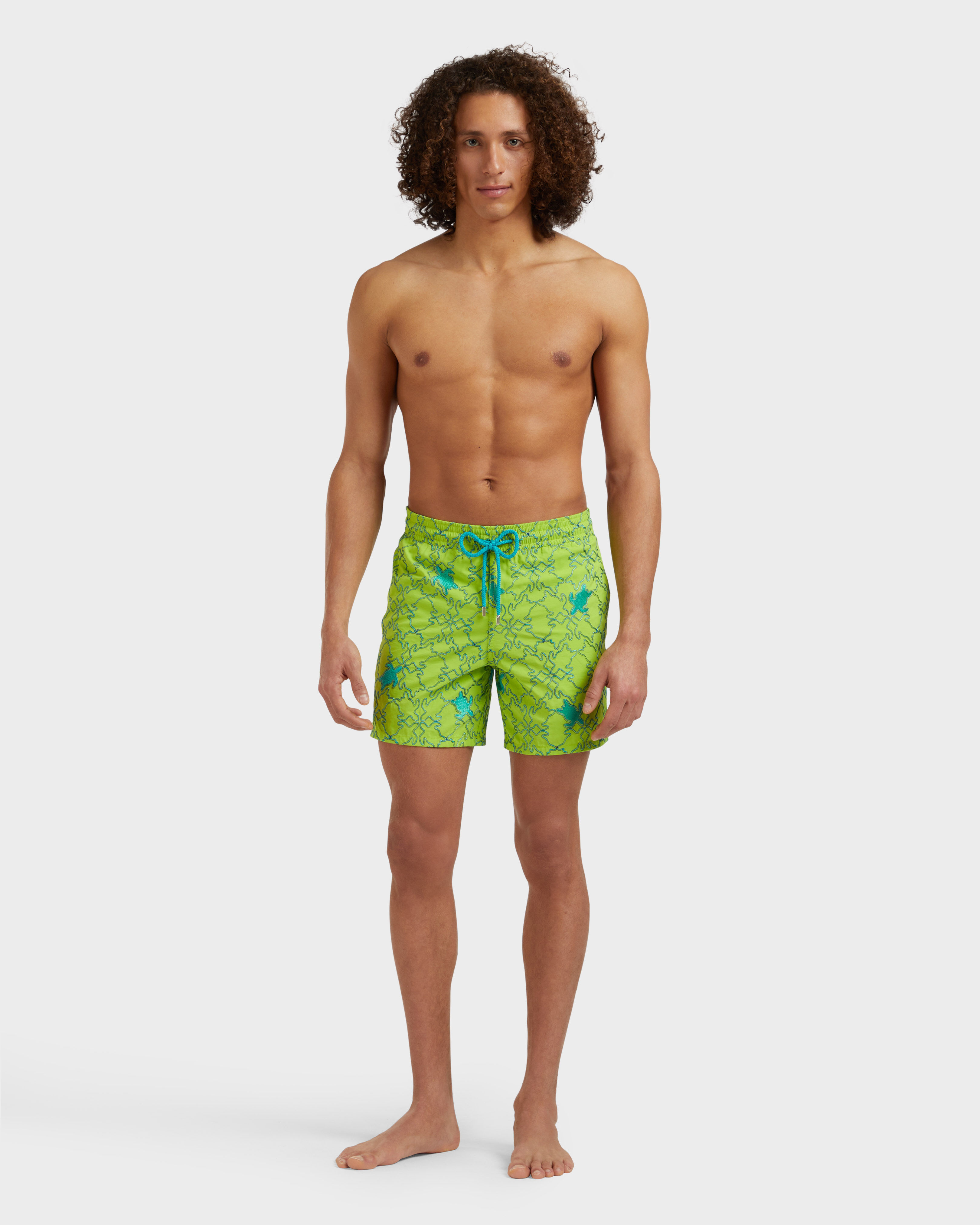 Men Swim Shorts Embroidered Turtles Net - Limited Edition LIME frontworn view