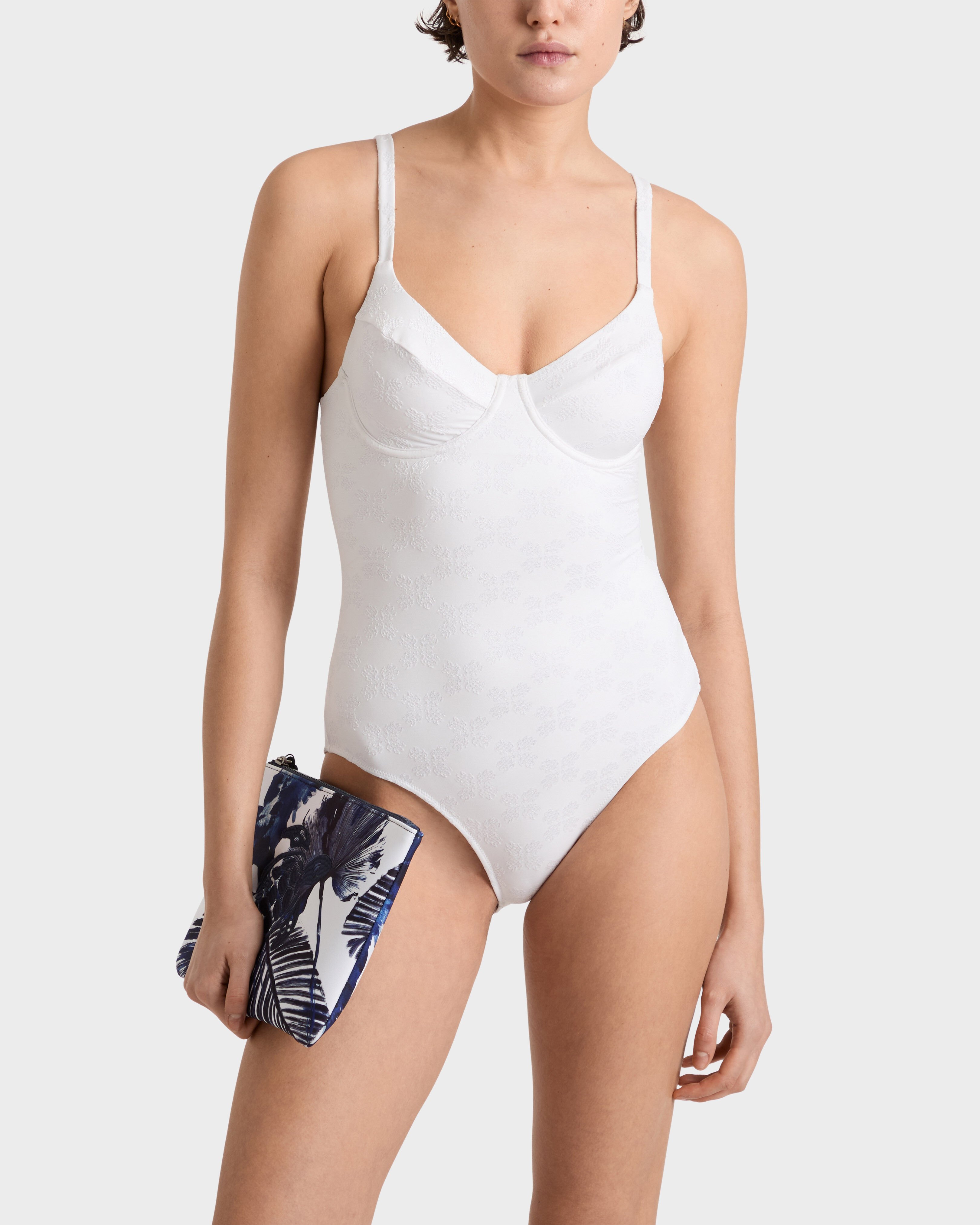Women Underwire One-piece Swimsuit Turtle Monogram Jacquard WHITE frontworn view