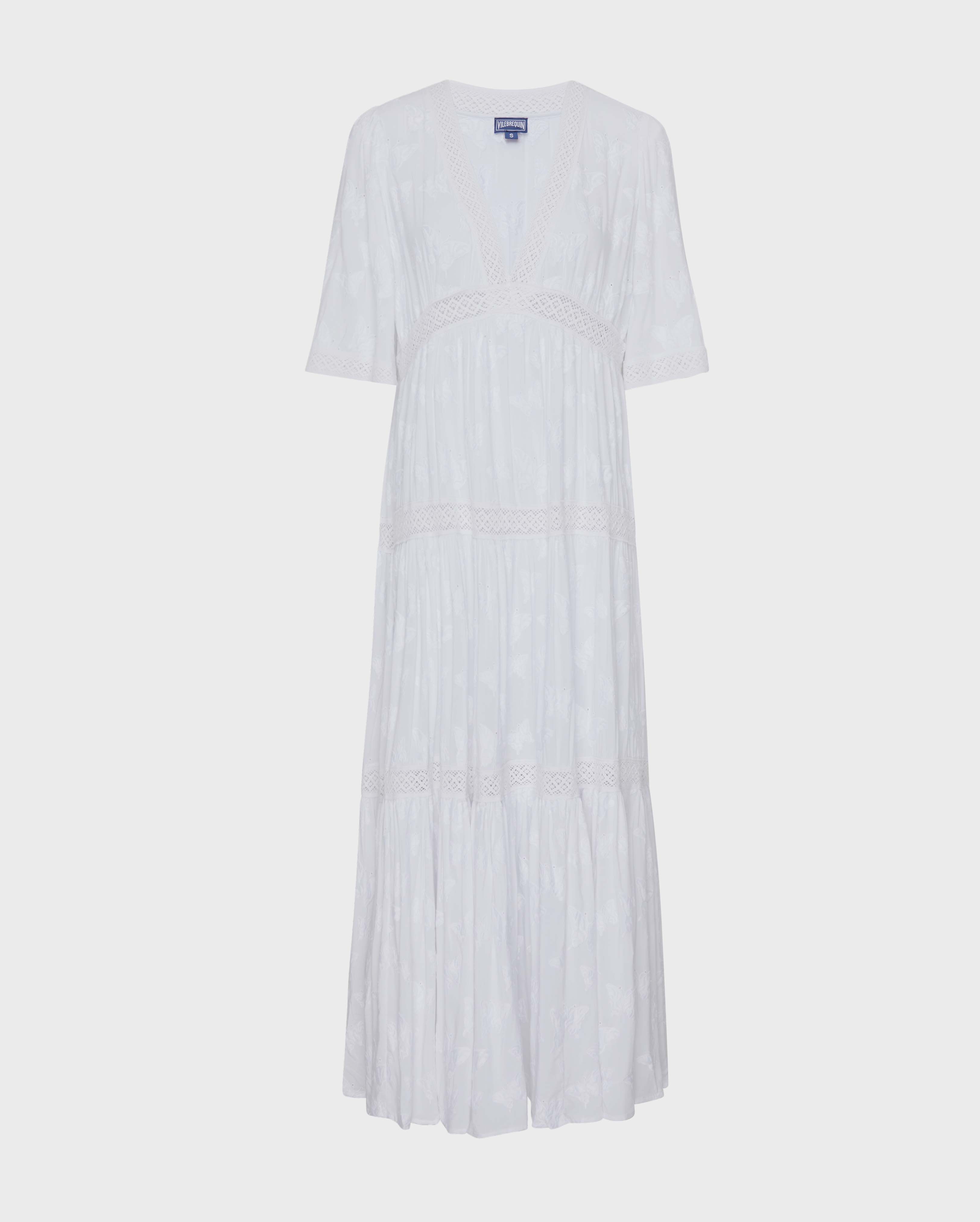 Women Long Viscose Dress Disco Butterflies WHITE front view