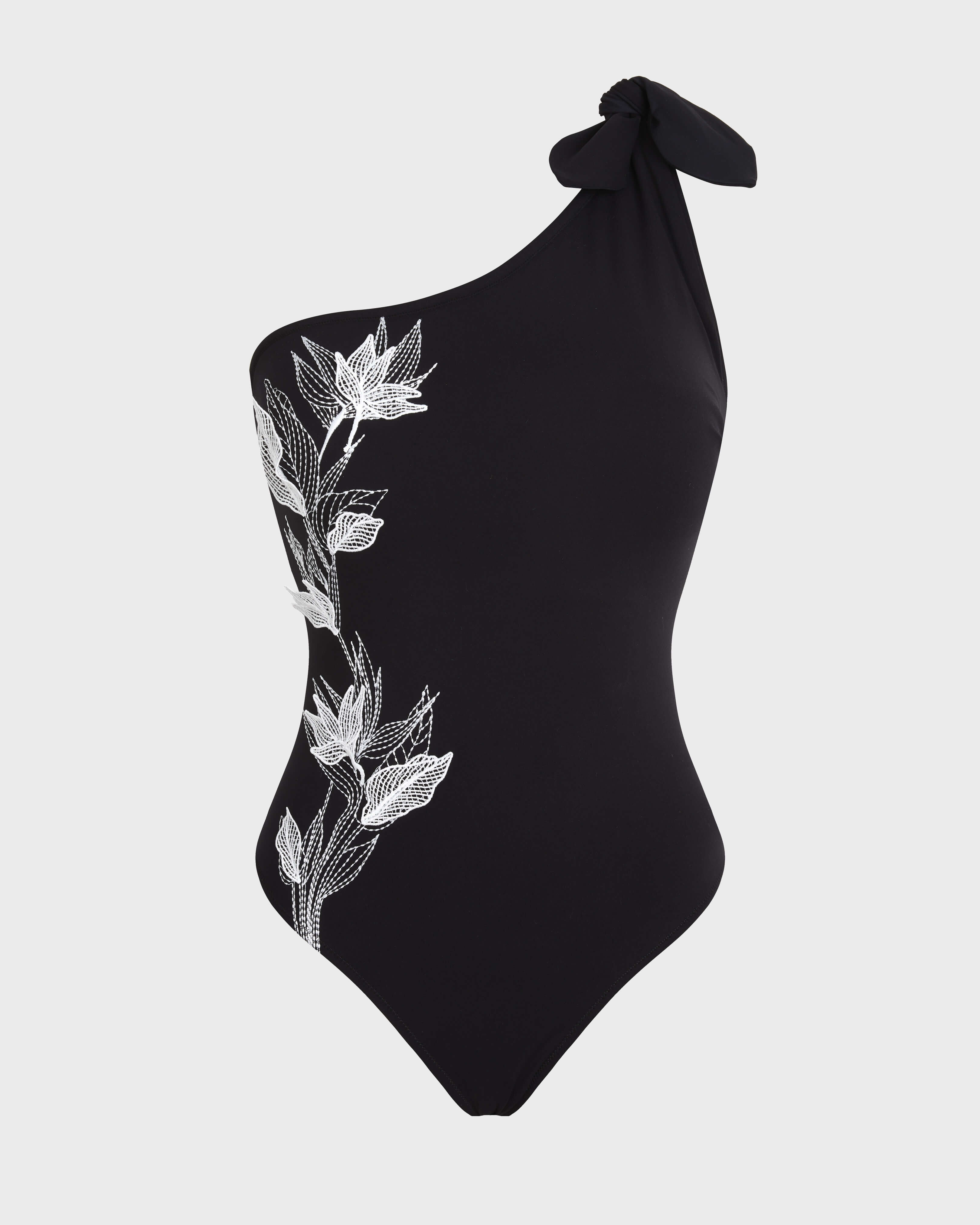 Bañador de una pieza asimétrico mujer flor Strelitzia - Collection Limited NEGRO front view