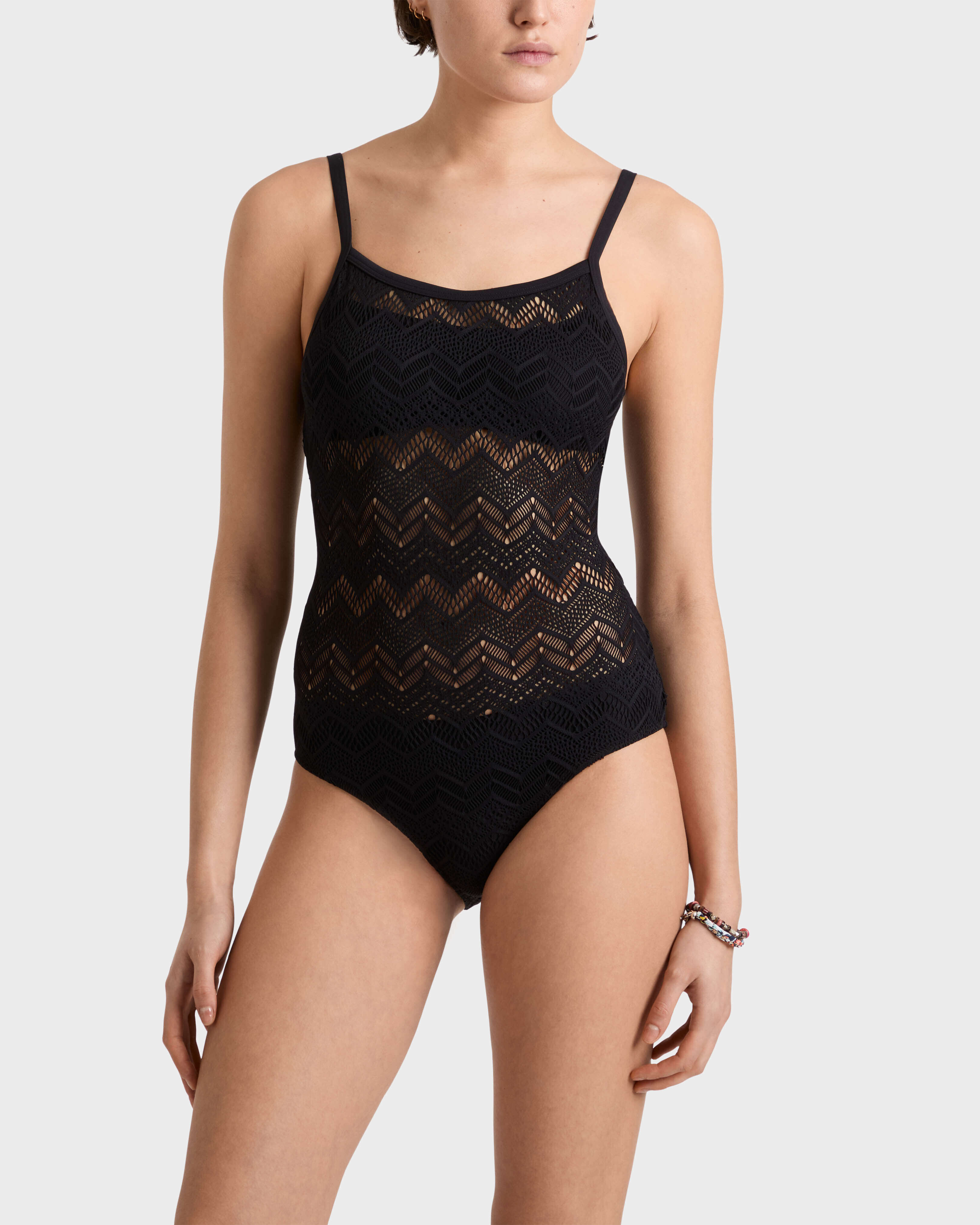 Women Mesh One-piece Swimsuit BLACK frontworn view