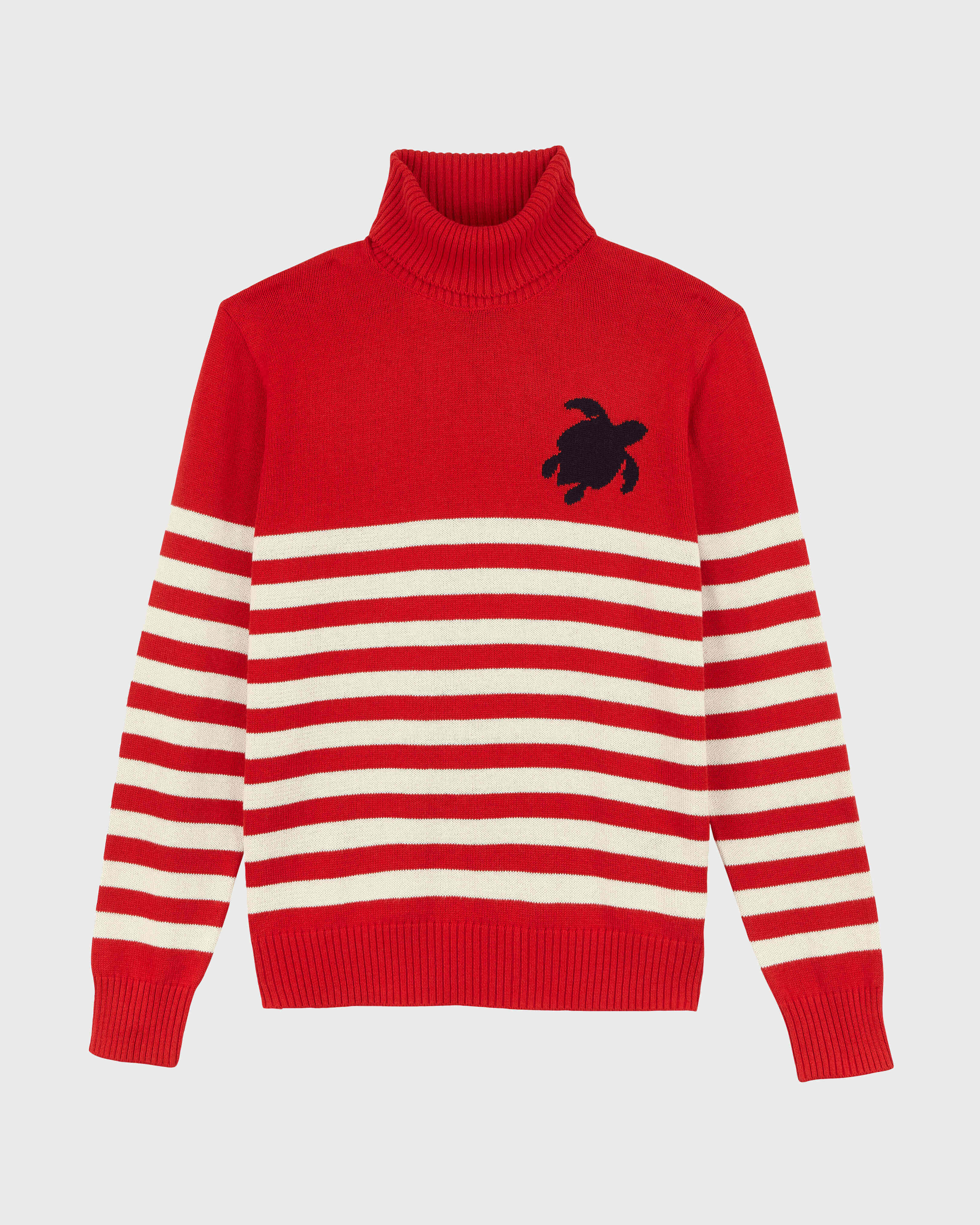 Men Cotton and Cashmere Turtleneck Striped Pullover Jacquard Turtle RED front view