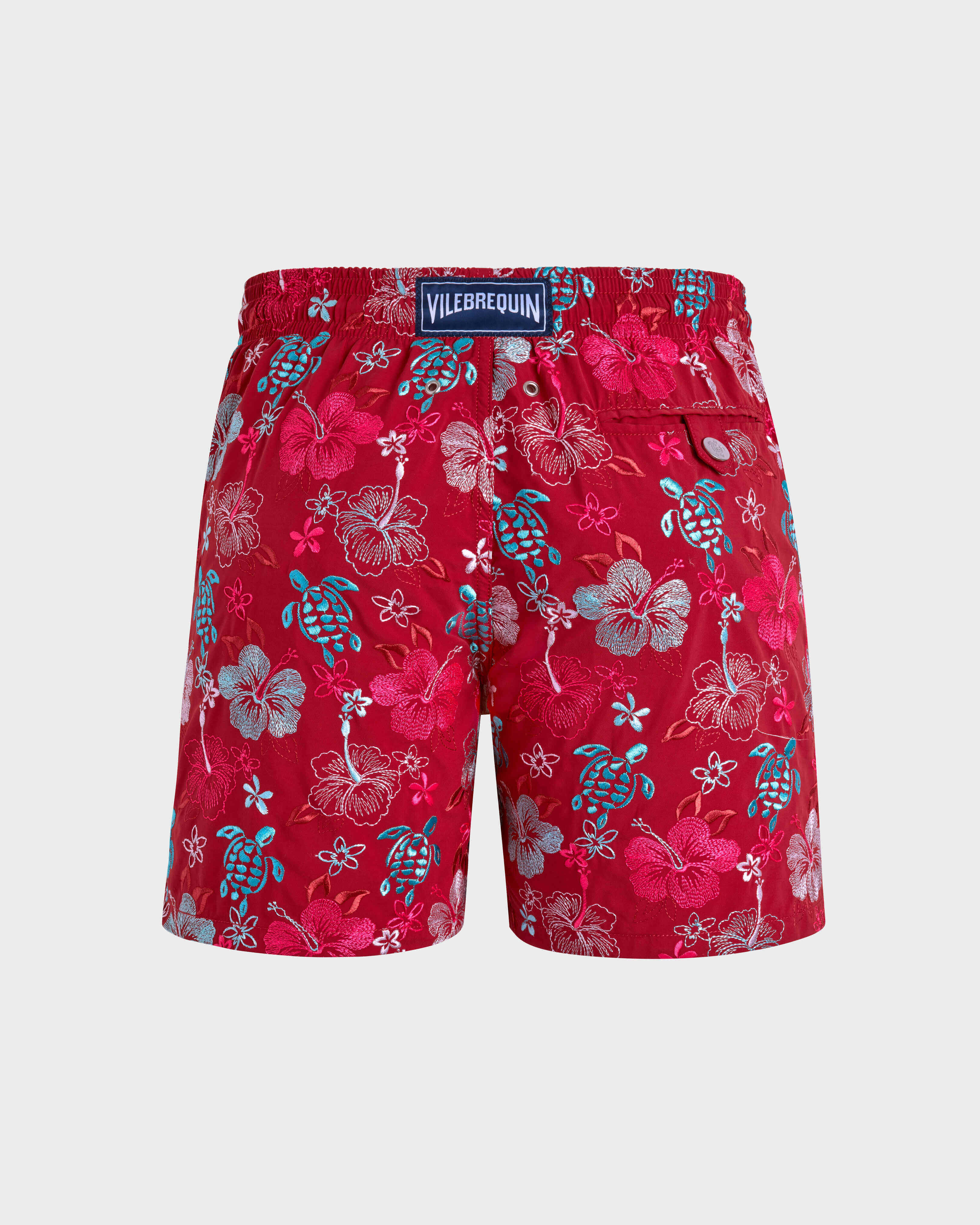 Men Swim Shorts Embroidered Tropical Turtles - Limited Edition BRICK back view
