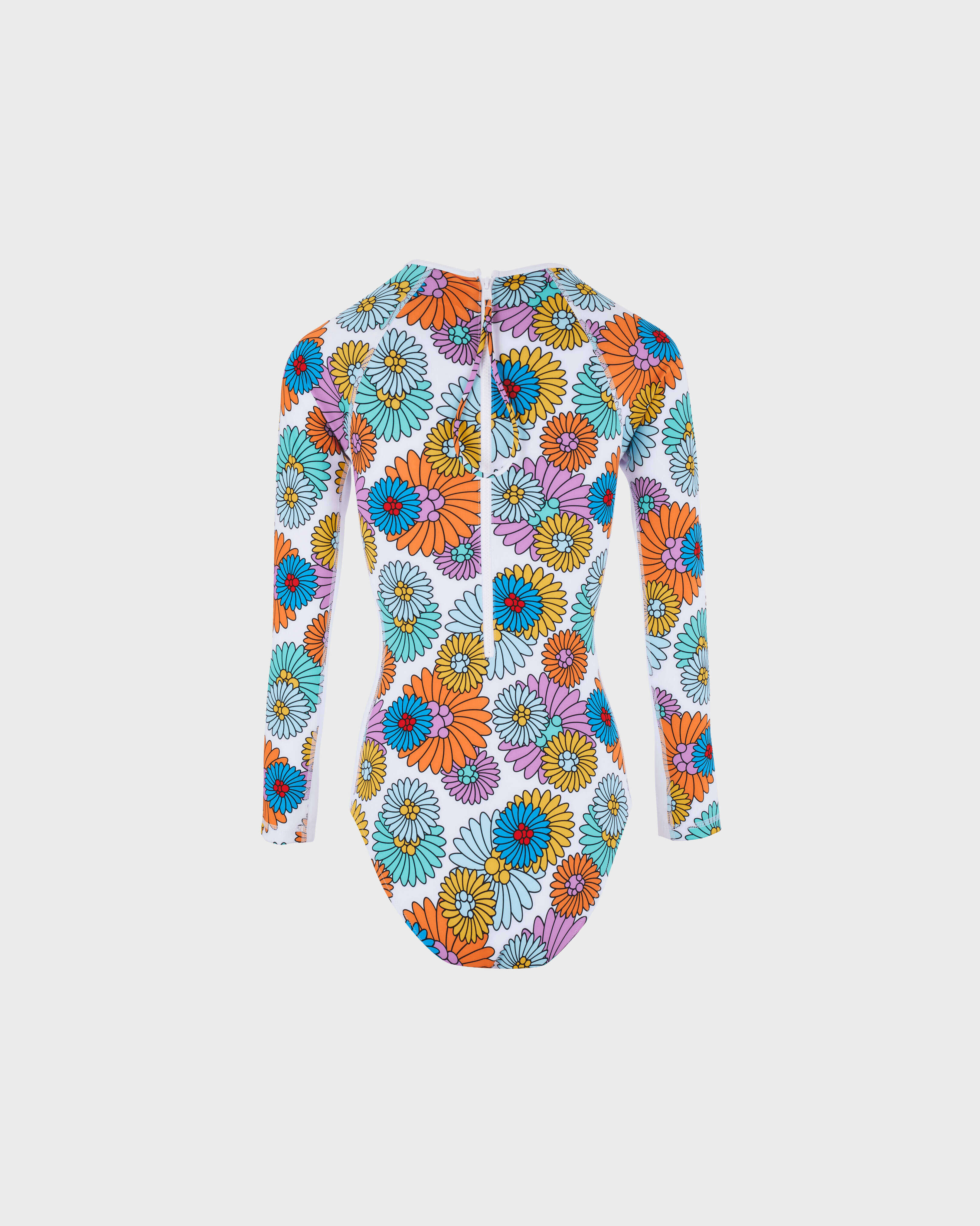 Women Rashguard Long Sleeves One-piece swimsuit Marguerites WHITE back view