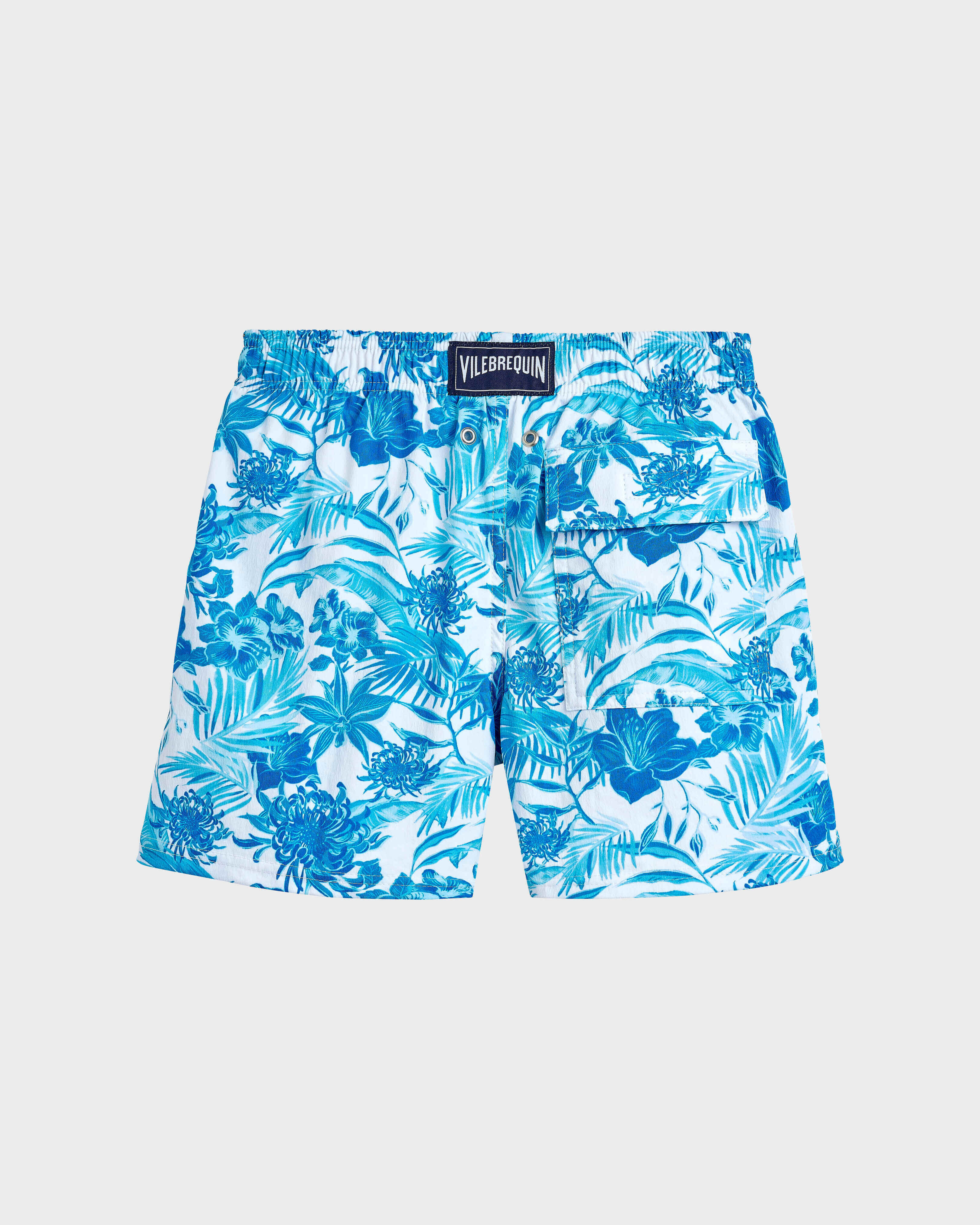 Boys Stretch Swim Shorts Tahiti Flowers WHITE back view