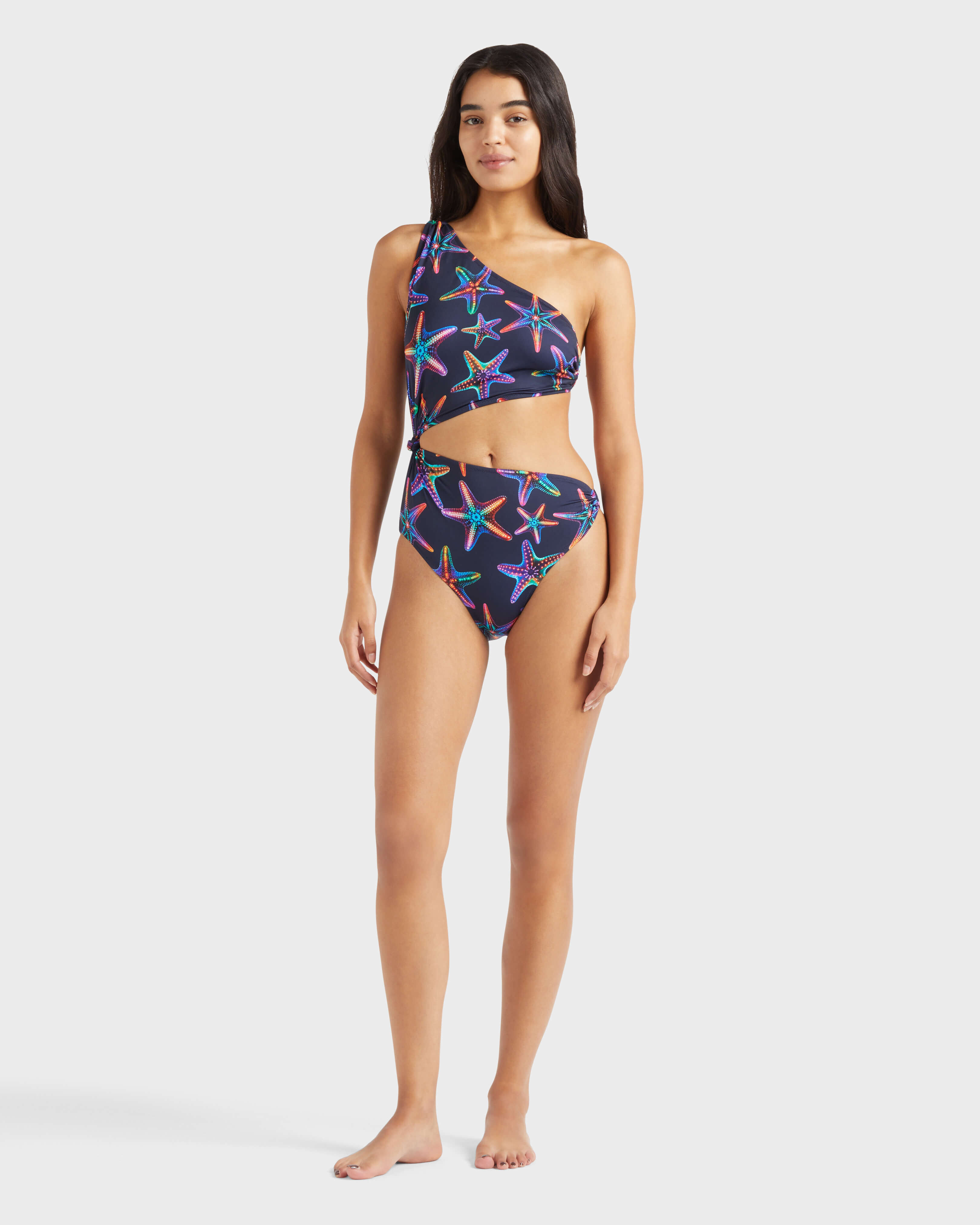 Women Asymmetric One-piece Swimsuit Disco Stars NAVY frontworn view