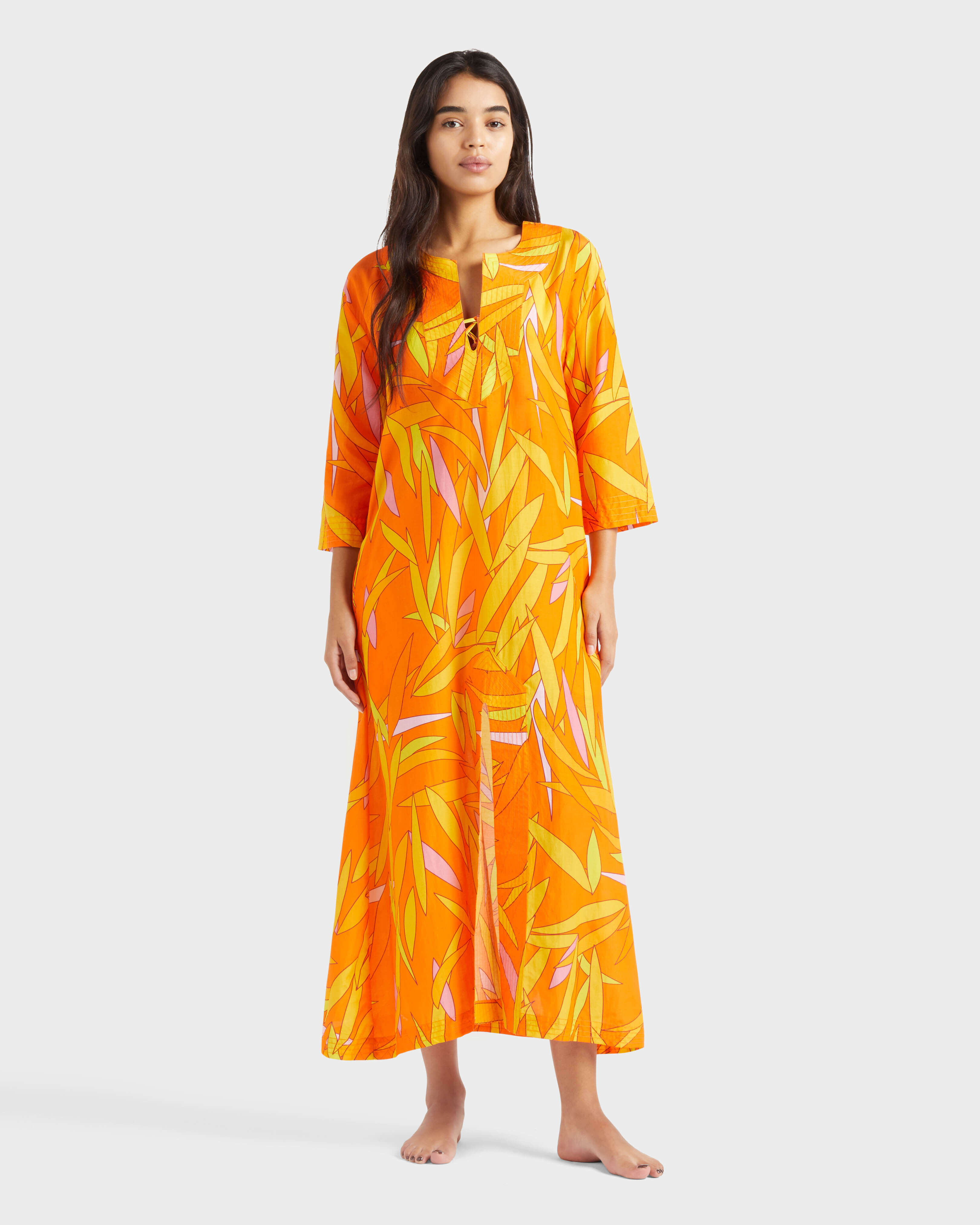 Women Long Cotton and Silk Kaftan Madrague APRICOT frontworn view