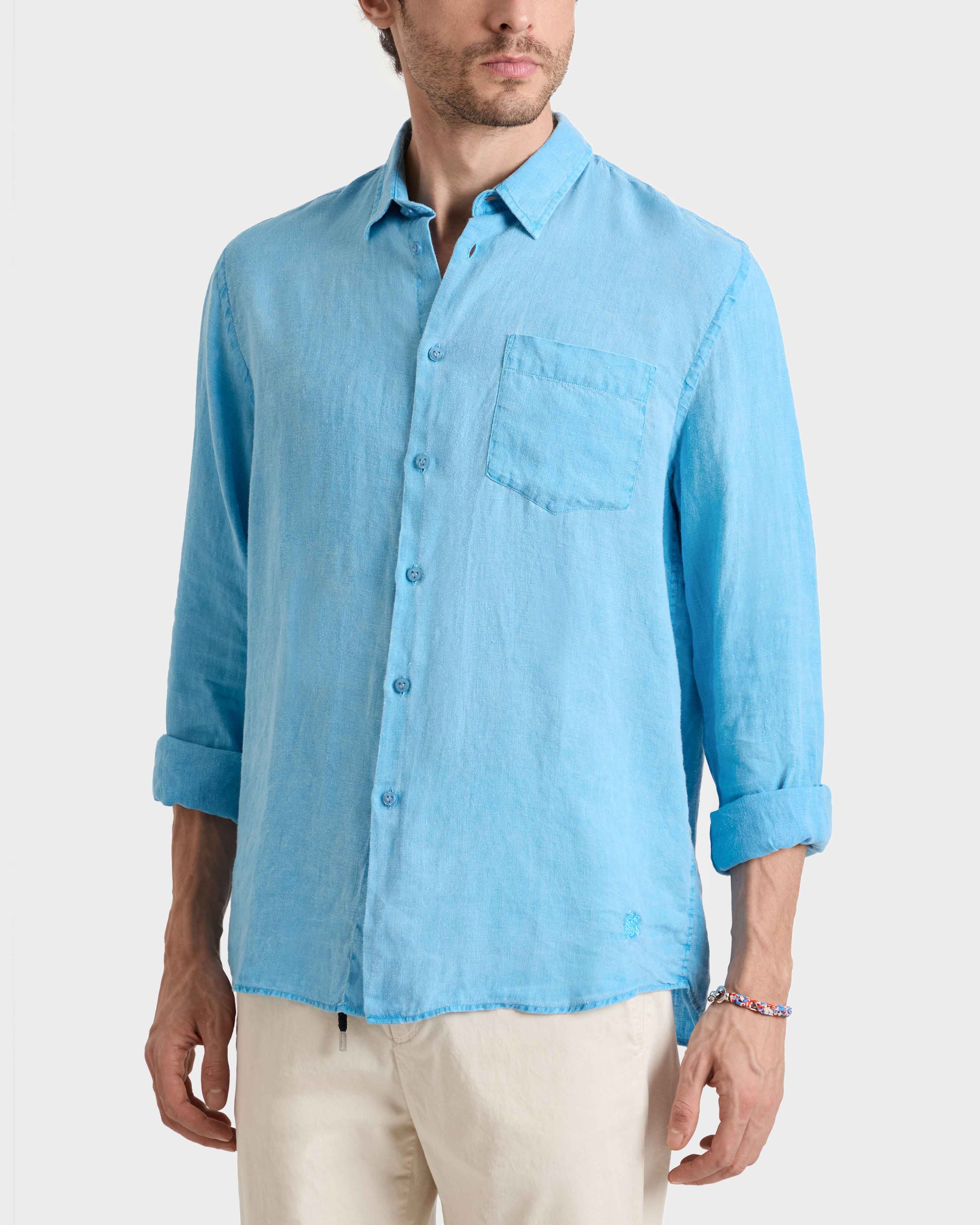 Men Linen Mineral Dye Shirt LARIMAR frontworn view