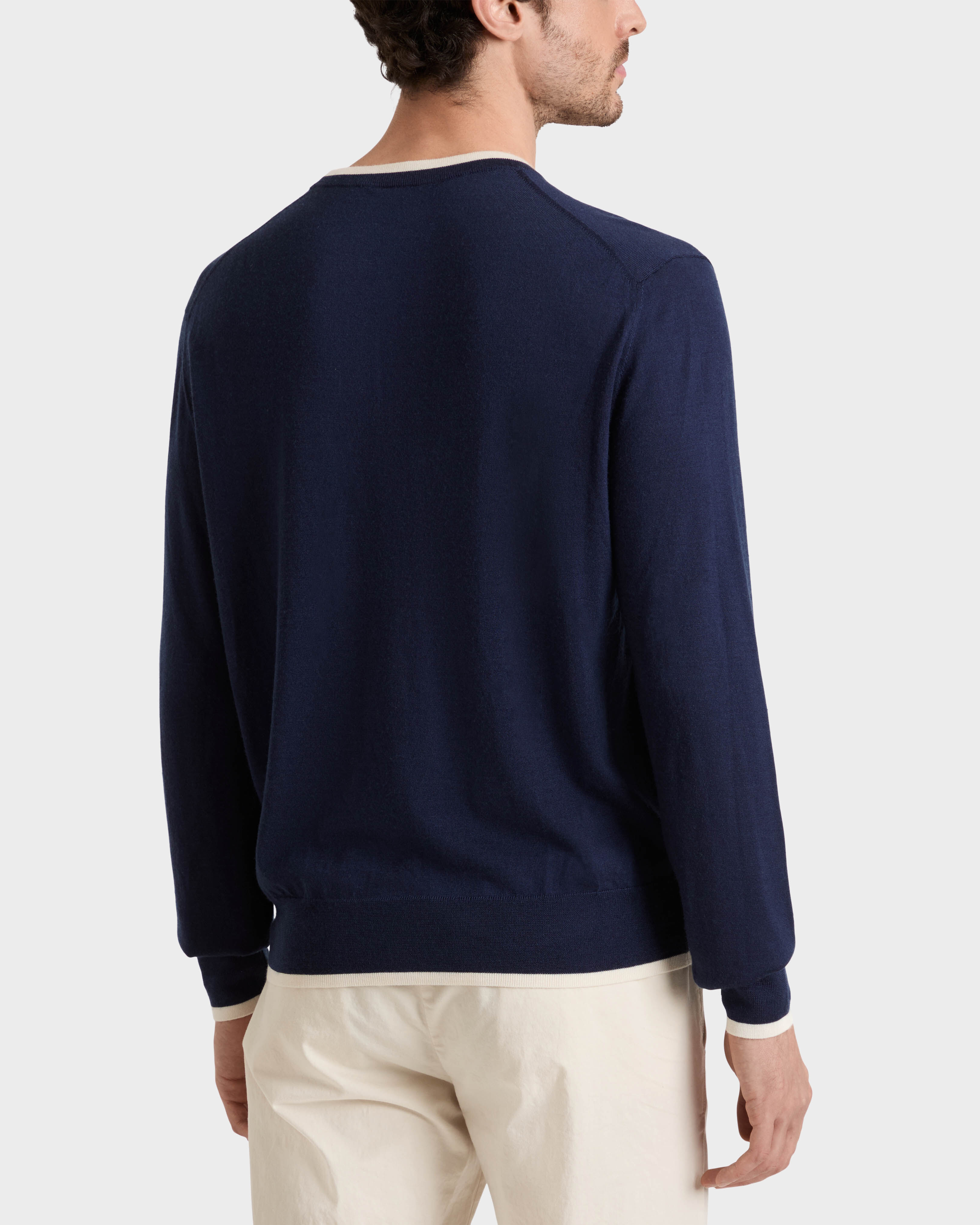 Men Merino Wool Cashmere Silk Crewneck Sweater NAVY backworn view