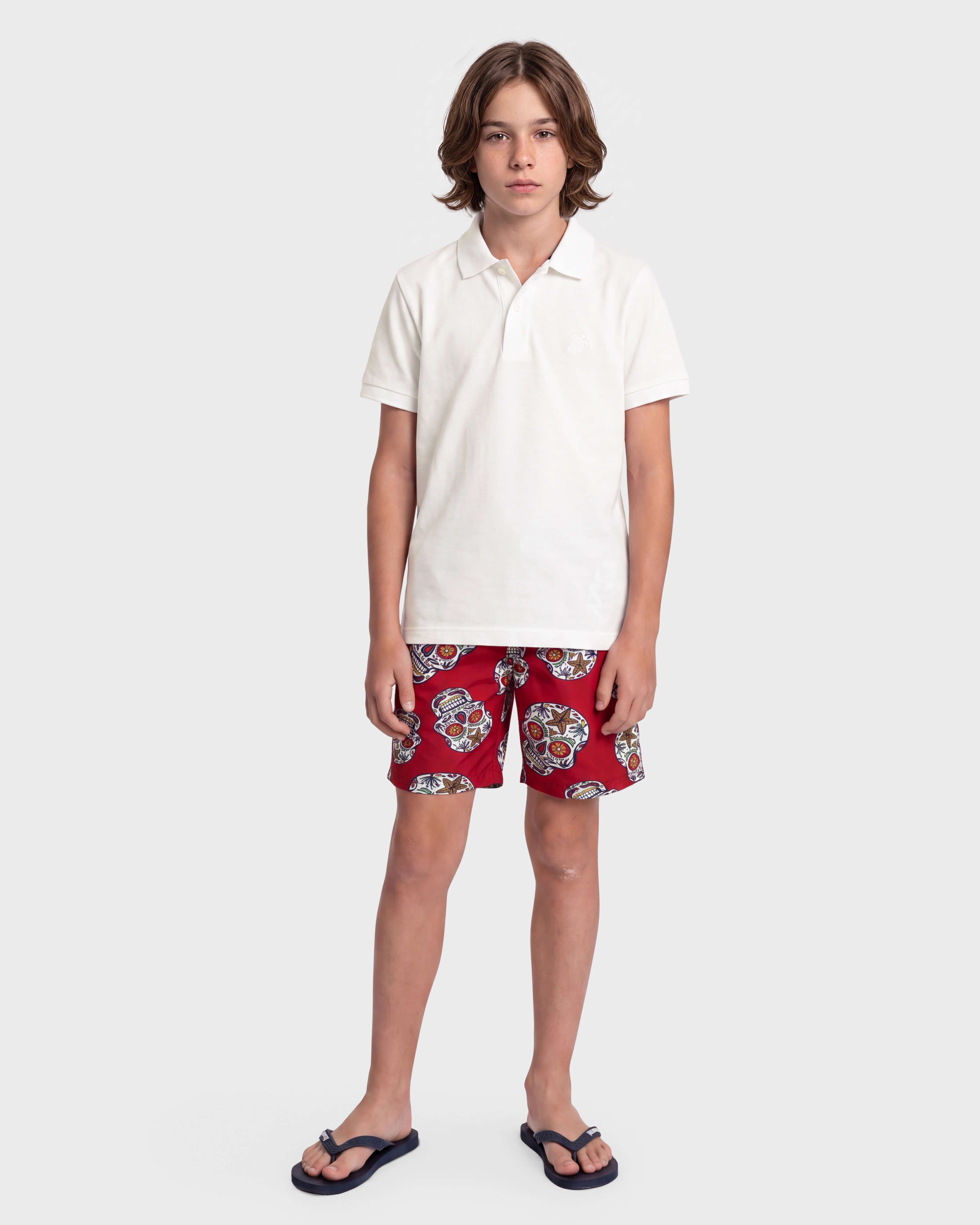 Boys Swim shorts Día de Muertos LIPSTICK frontworn view