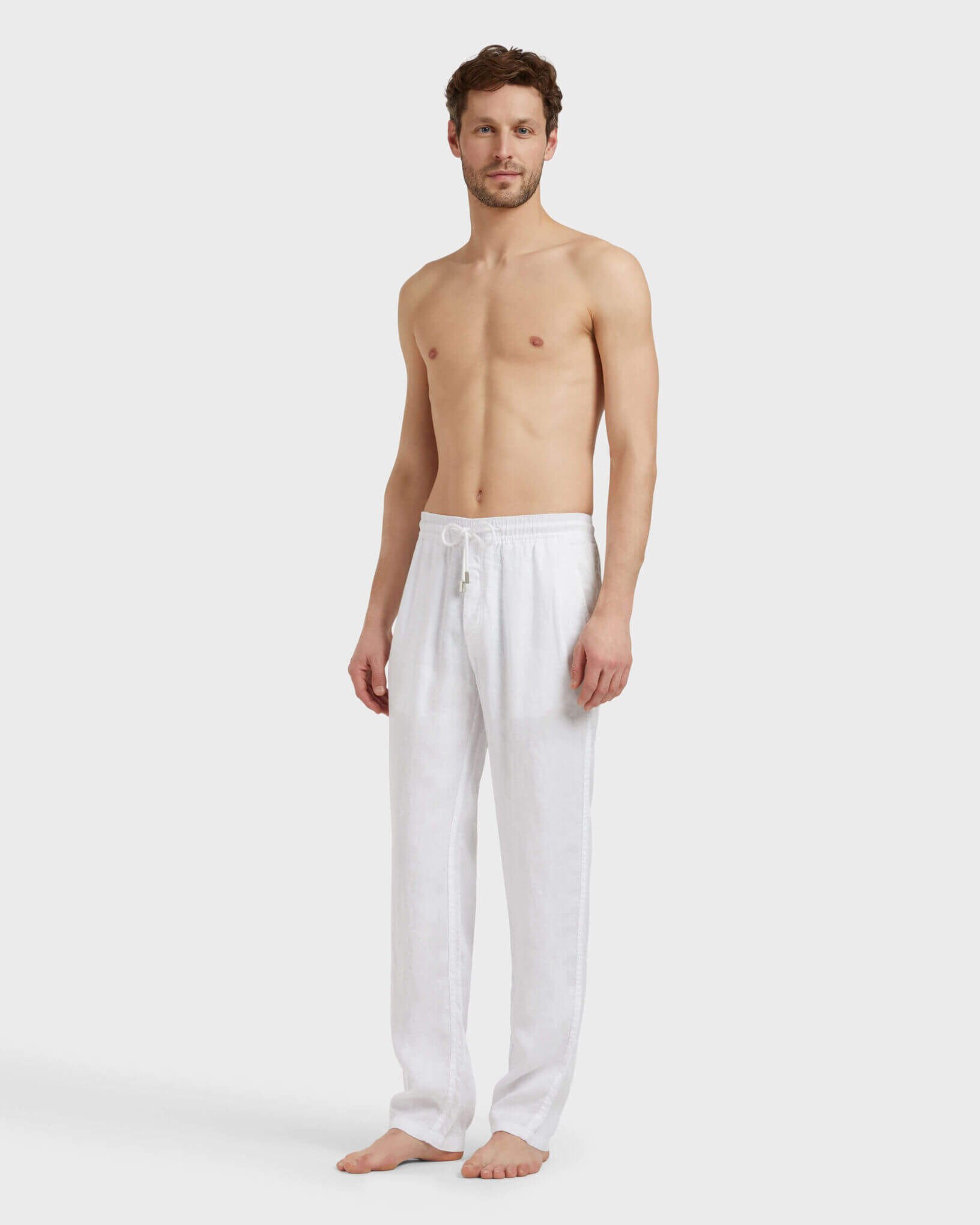 Men Linen Pants Solid WHITE frontworn view