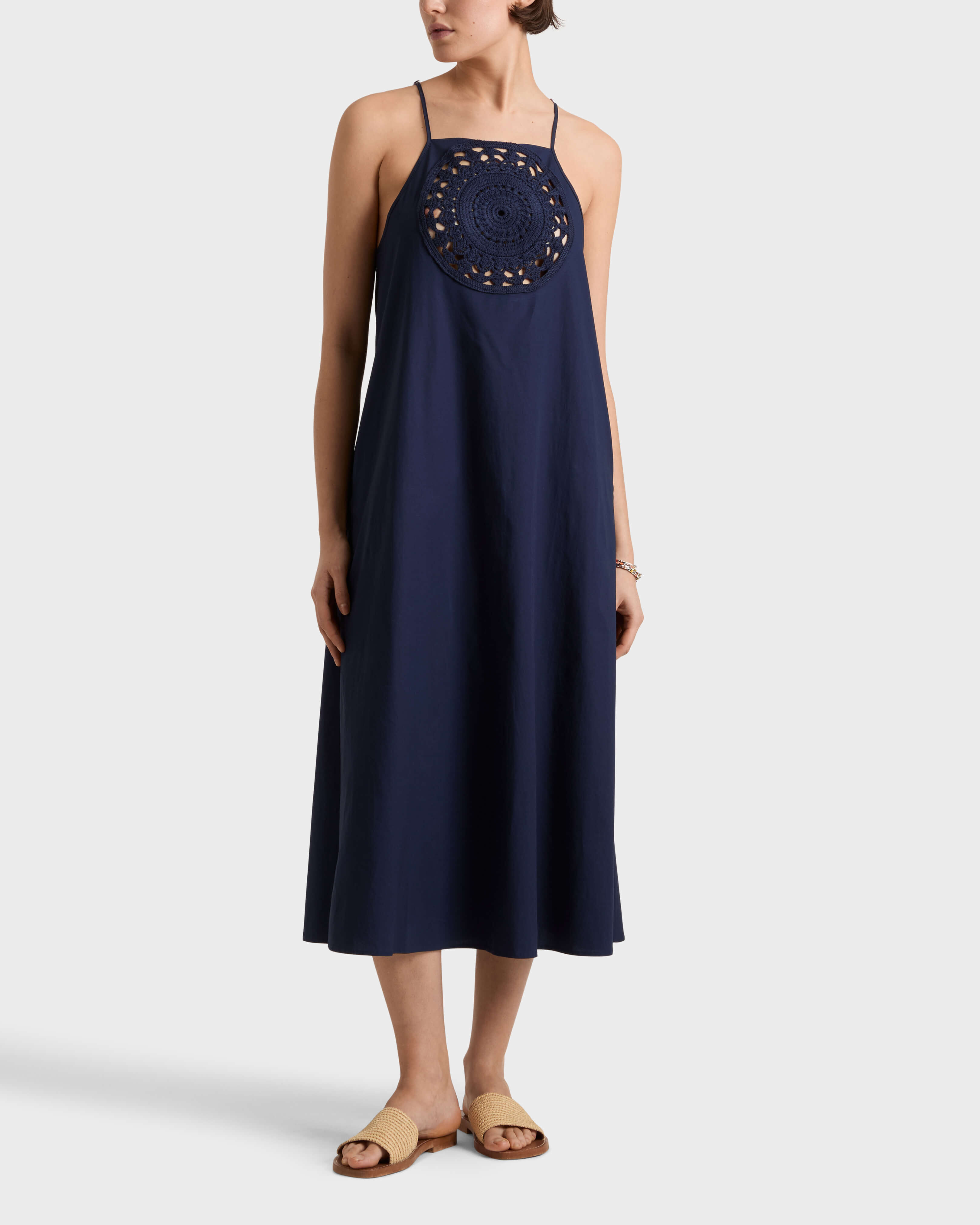 Women Crochet Medallion Poplin Midi Dress NAVY frontworn view