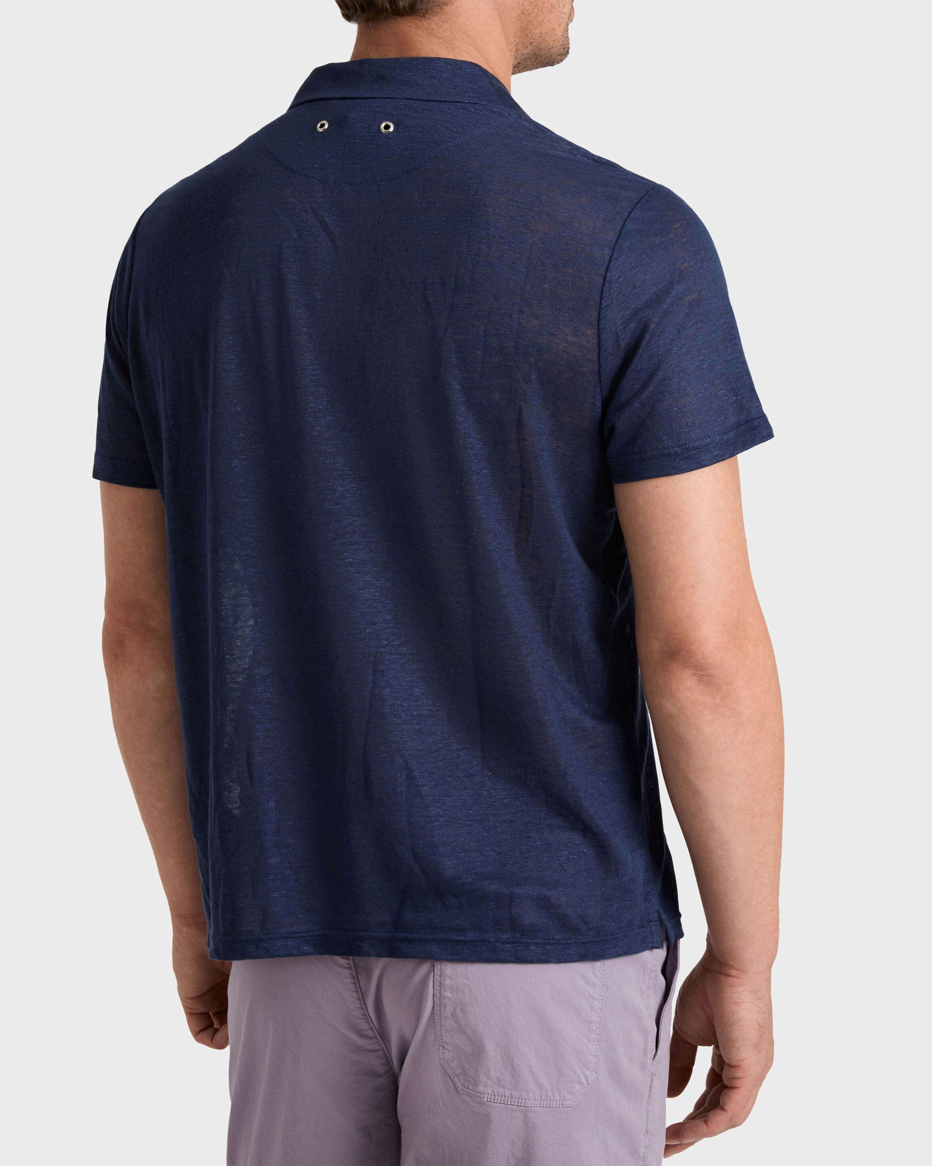 Men Linen Jersey Polo Shirt Solid NAVY backworn view