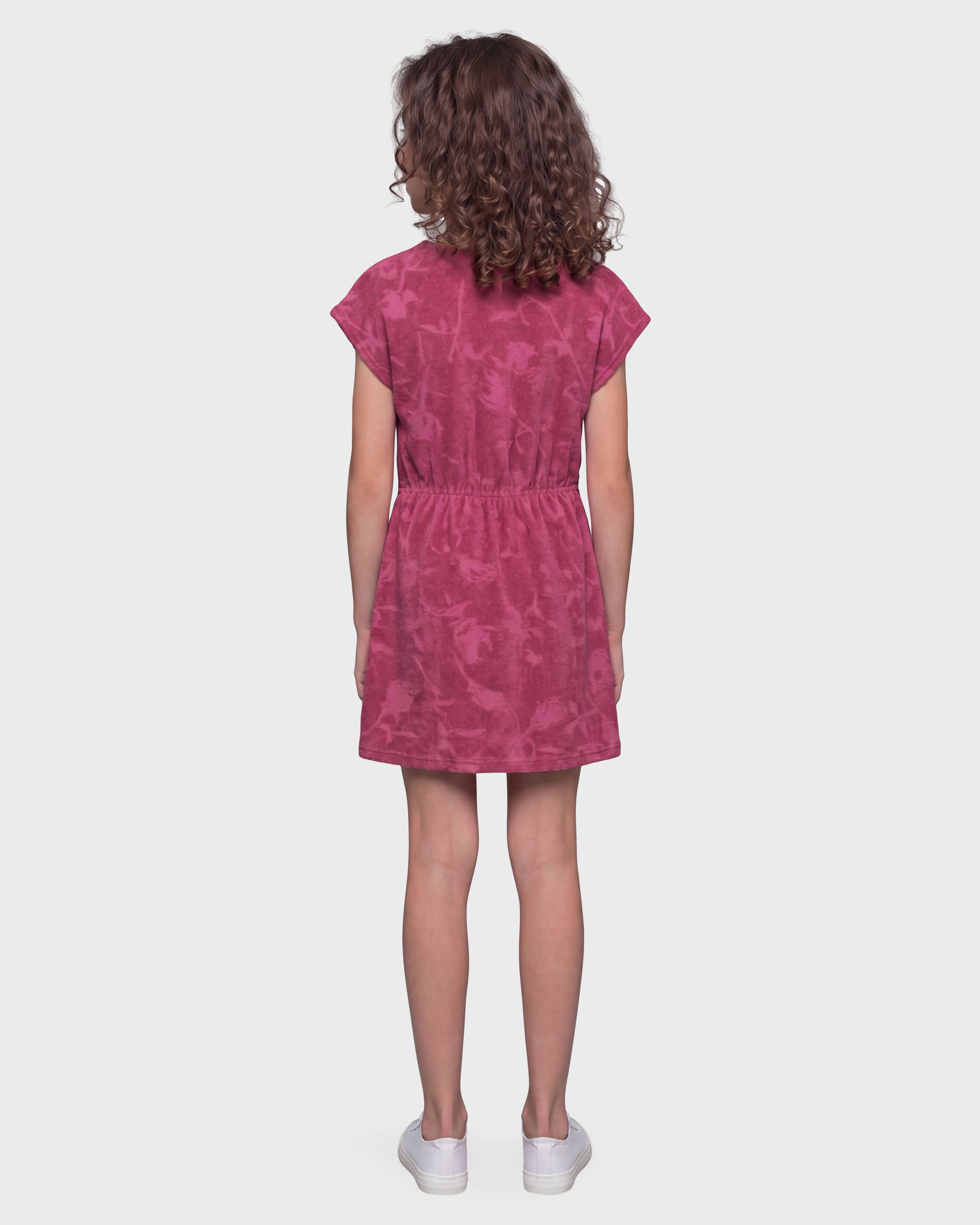 Girls Terry Jacquard Dress Roses CRIMSON PURPLE backworn view