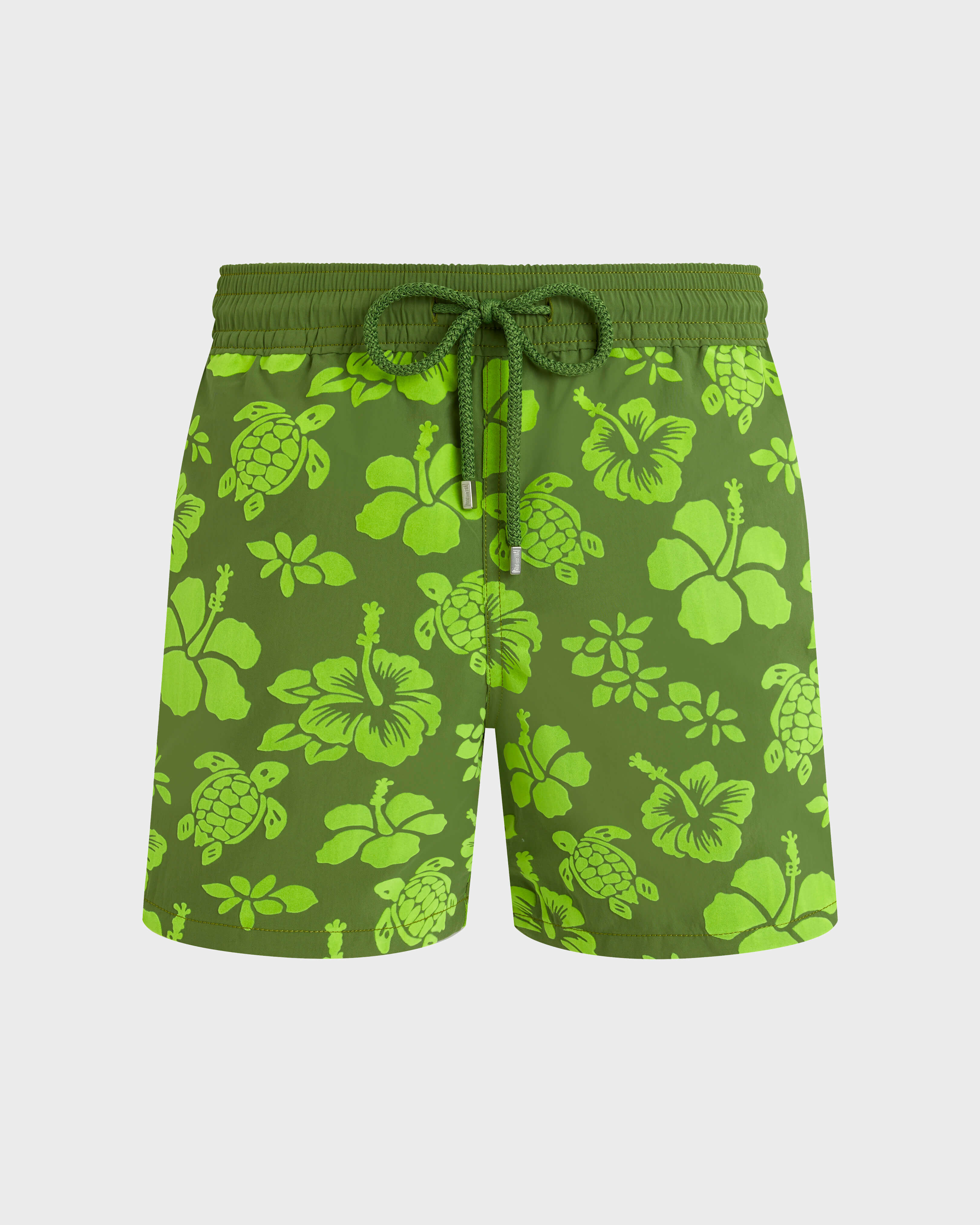 Men Swim Shorts Flocked Tropical Turtles CAMOUPLAGE front view