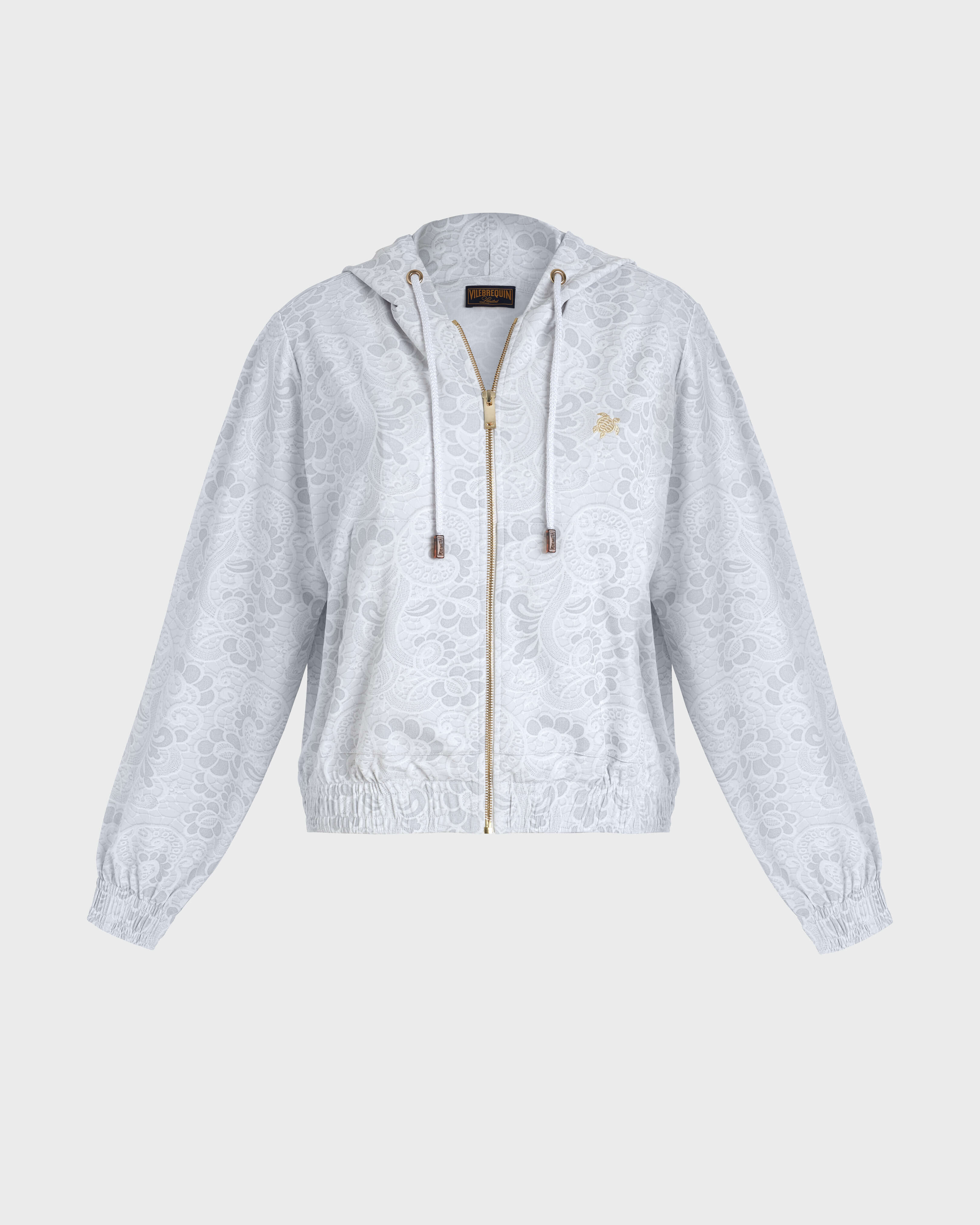 Sweat à capuche zippé en jersey en crêpe de viscose femme imprimé trompe-l'œil guipure - Collection Limited BLANC front view