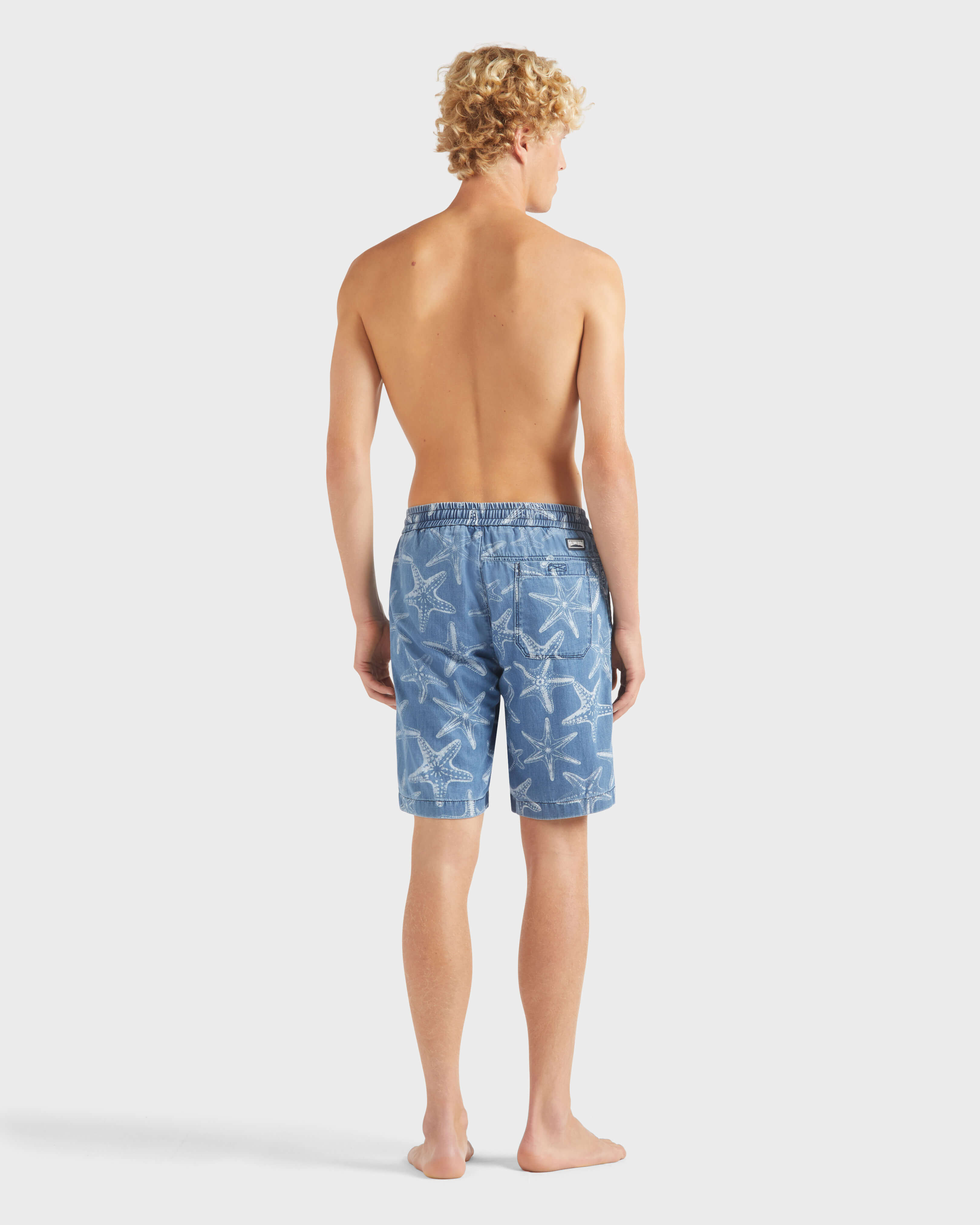Men Denim Bermuda Shorts Starfish Light Denim Printed BLEACH DENIM W4 backworn view