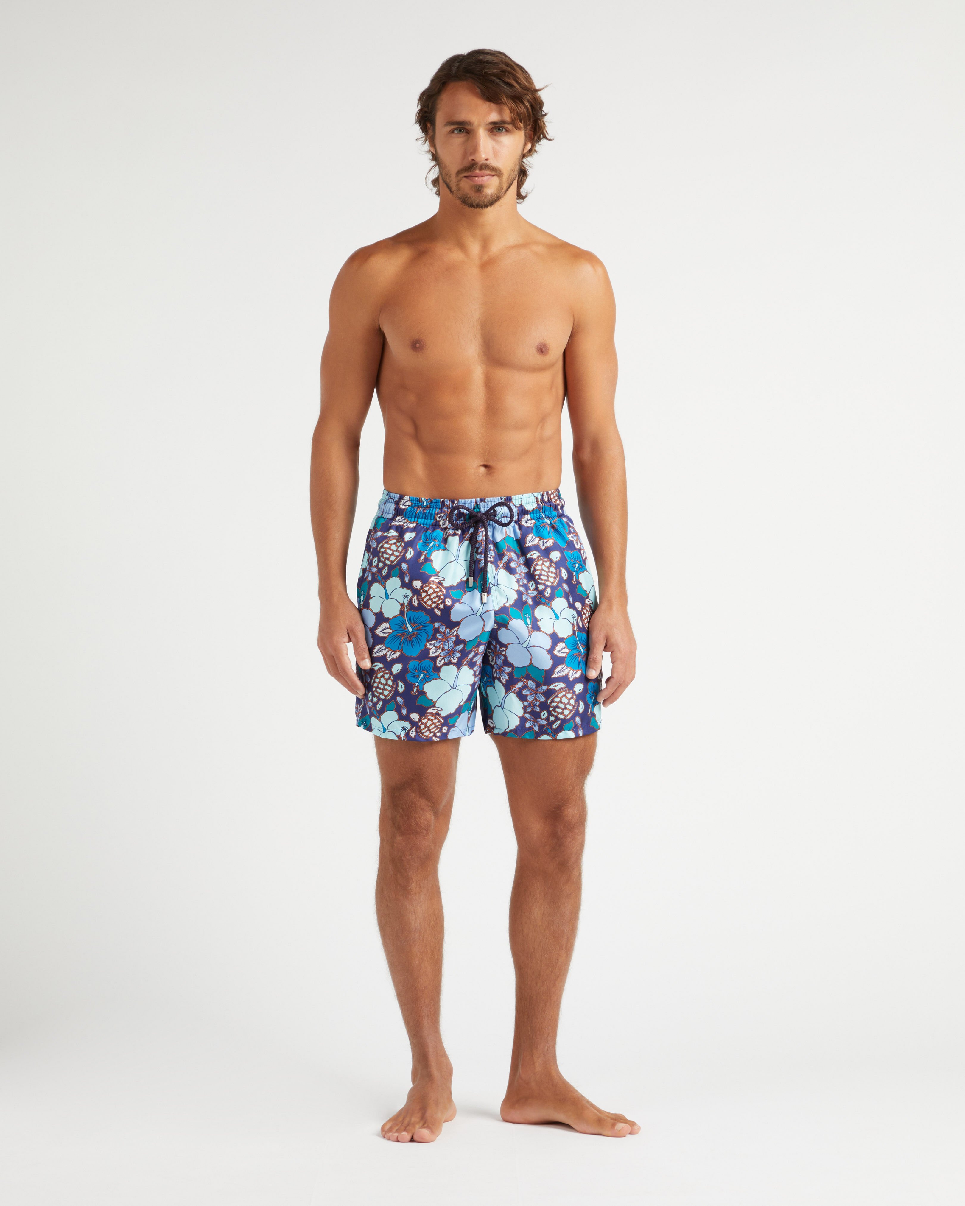 Men Silk Bermuda Shorts Tropical Turtles MIDNIGHT frontworn view