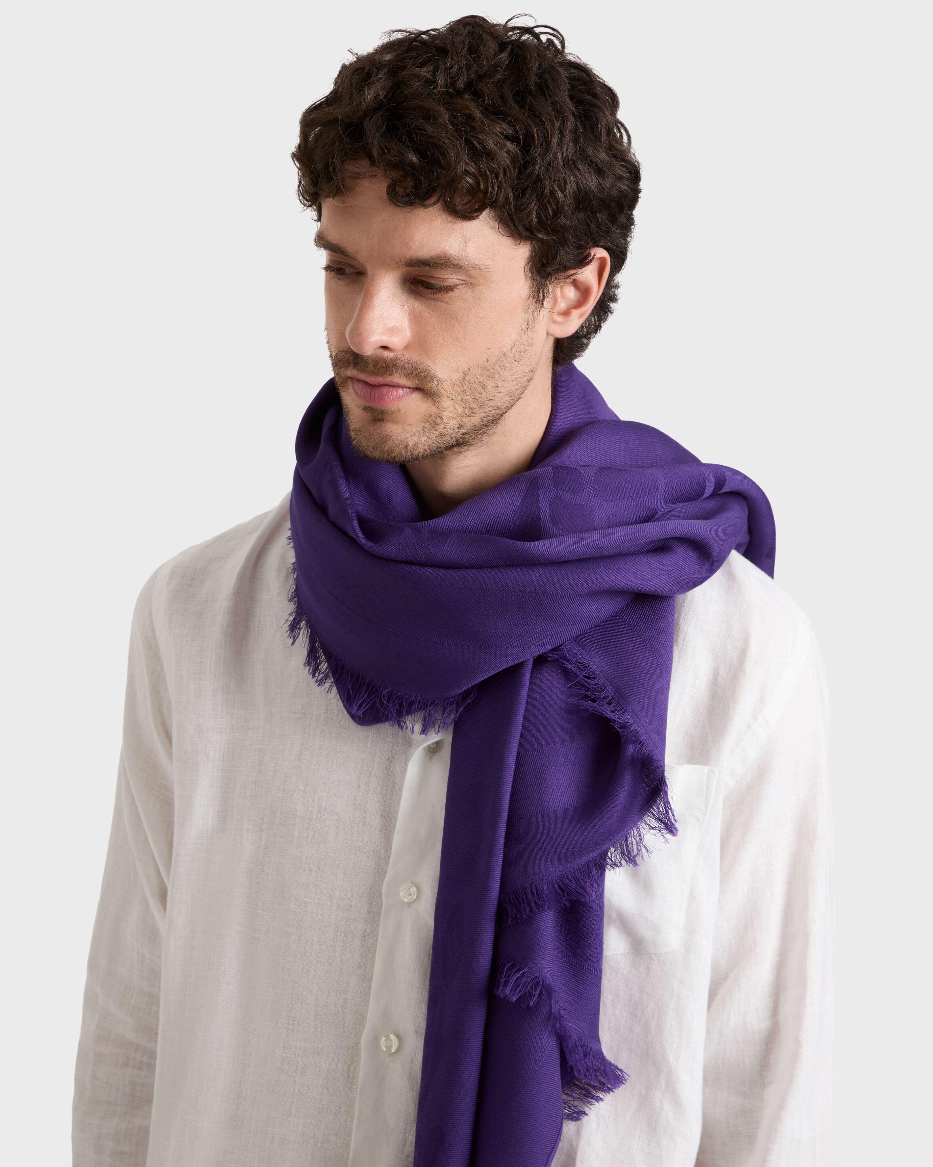 Stola in lana e seta Ronde des Tortues VIOLETTE frontworn view