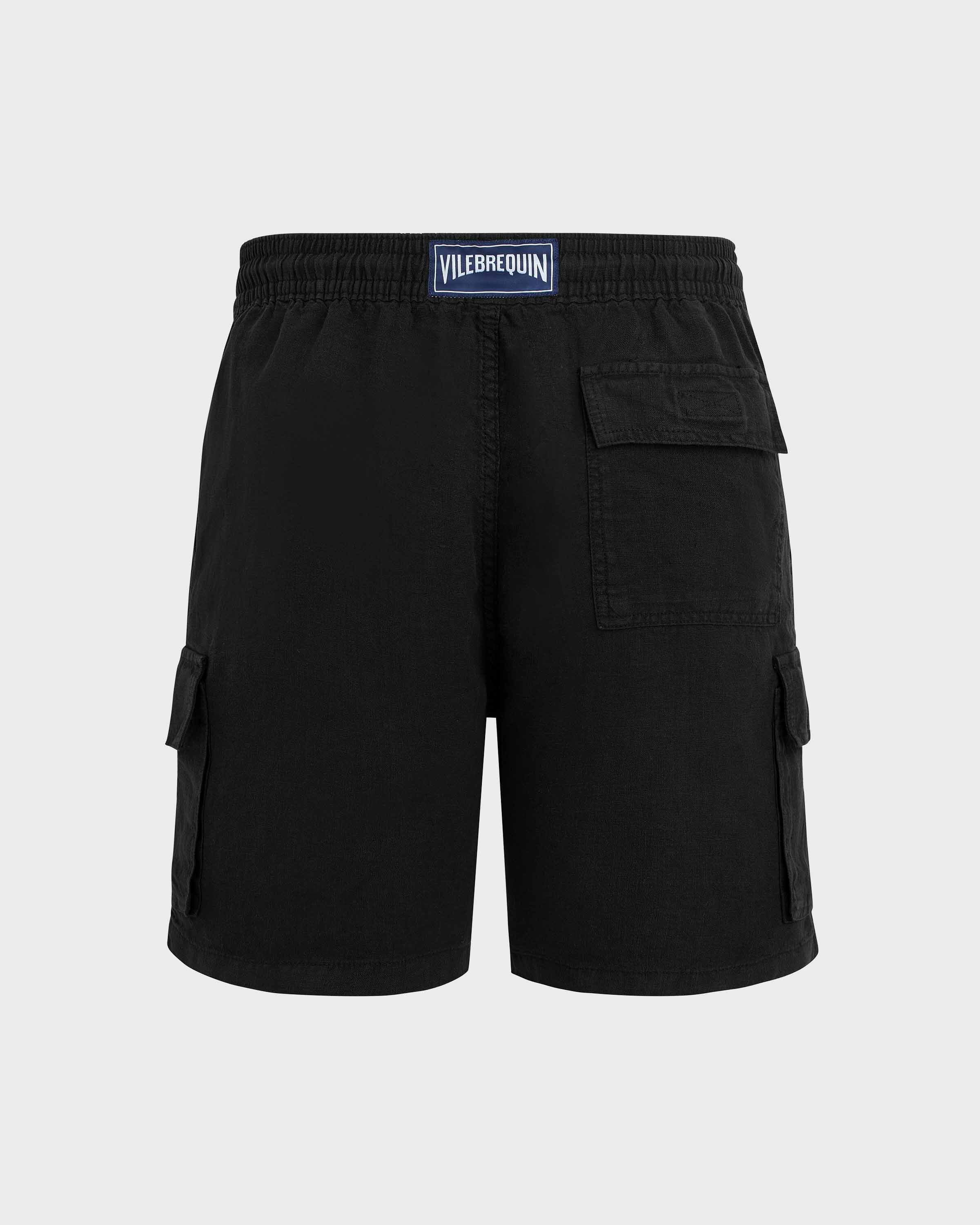 Men Linen Bermuda Shorts Cargo Pockets BLACK back view