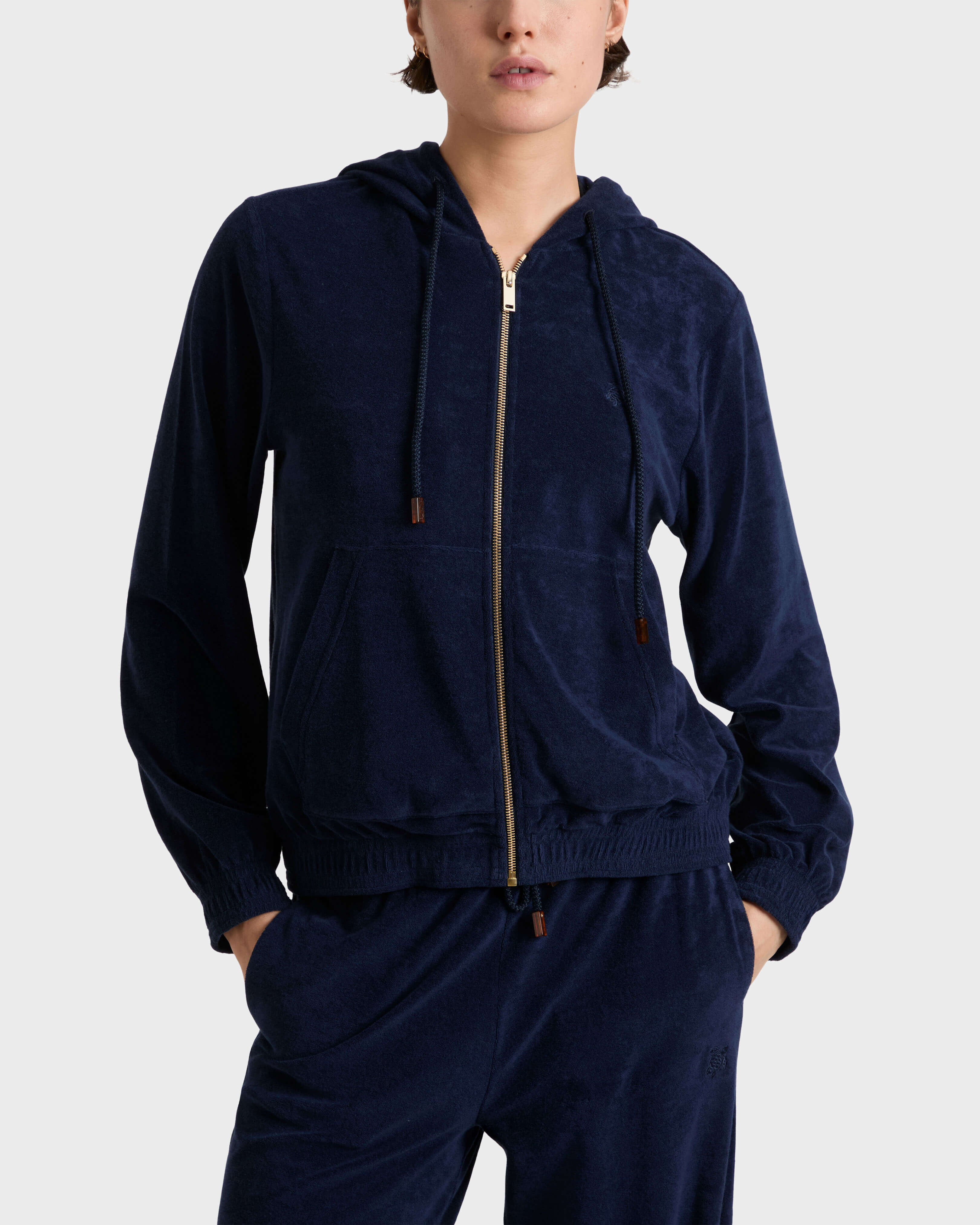 Solid Frottee-Kapuzenjacke mit Reißverschluss für Damen MARINEBLAU frontworn view