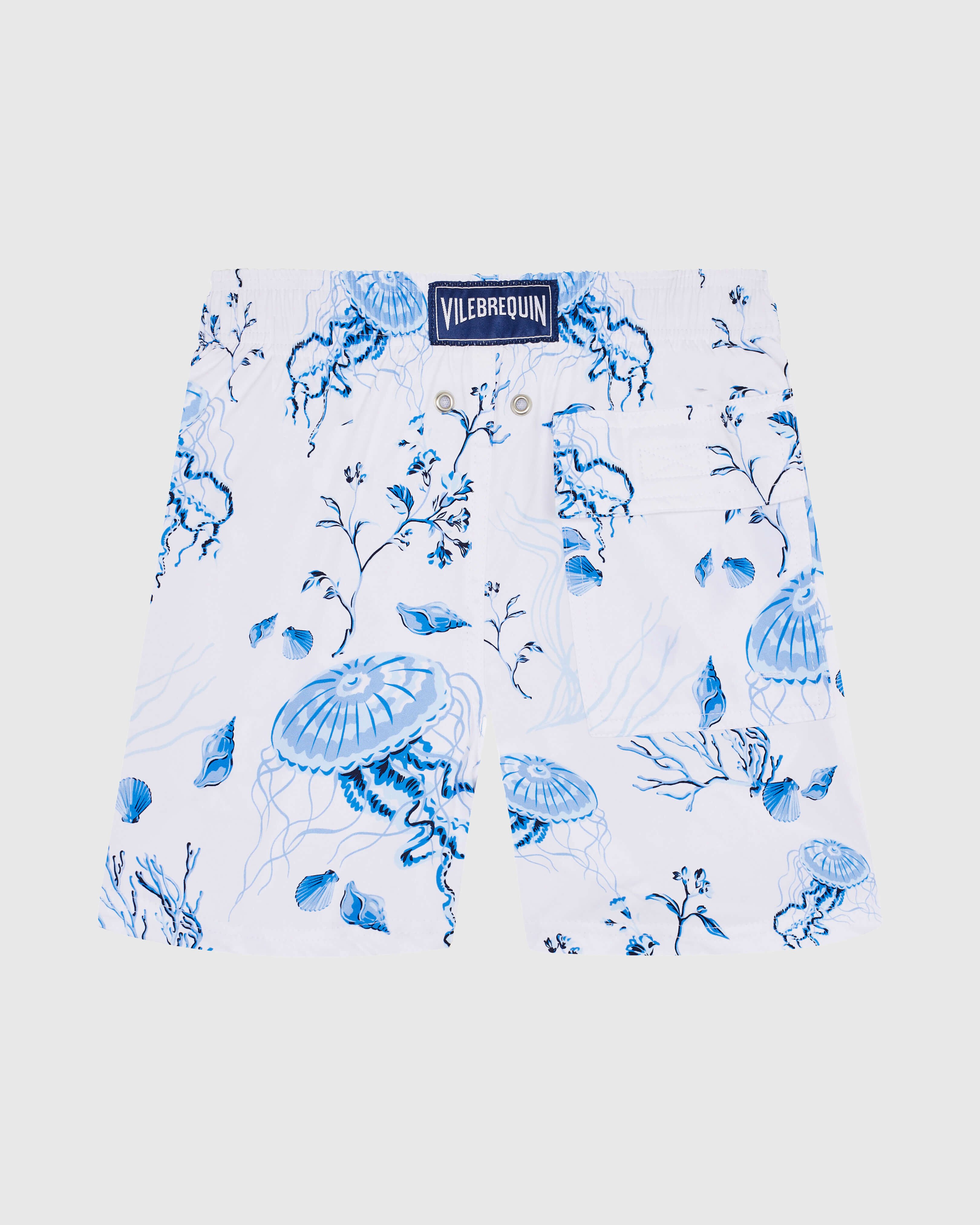 Boys Stretch Swim shorts Medusa and Shells WHITE back view