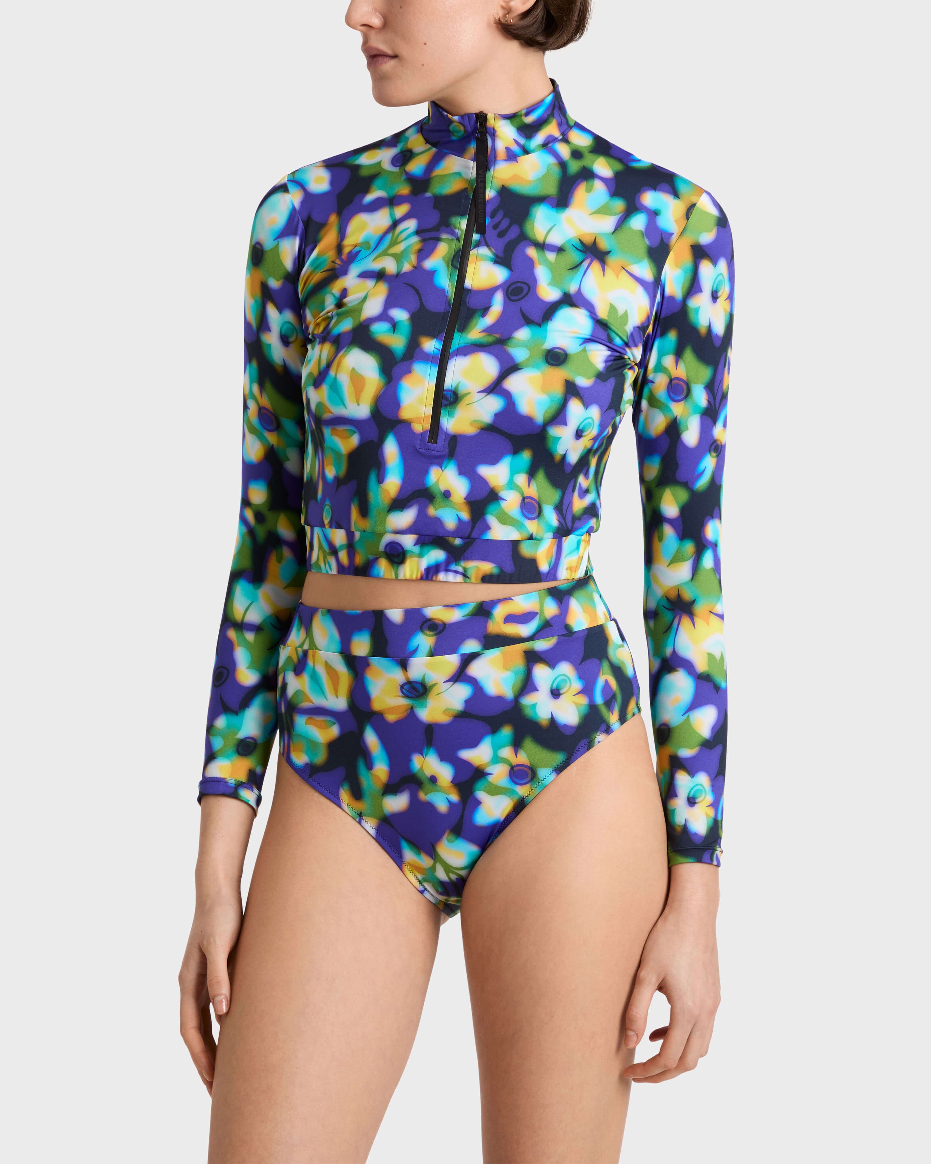 Crop Top anti-UV à fermeture éclair femme Frangipanier Trouble BLEU MARINE frontworn view