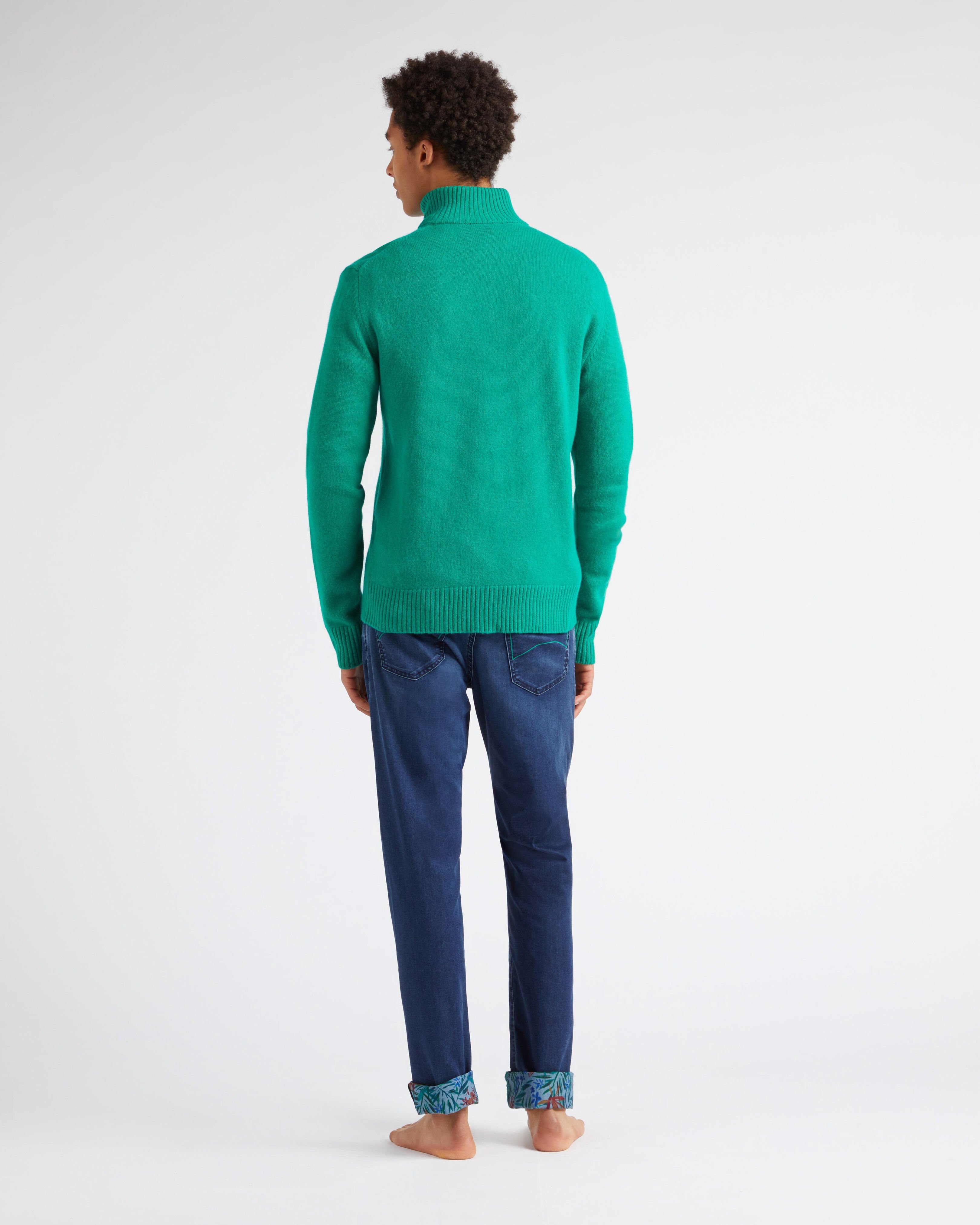 Men Wool and Cashmere Full Zip Sweater Turtle CHLOROPHYLL backworn view