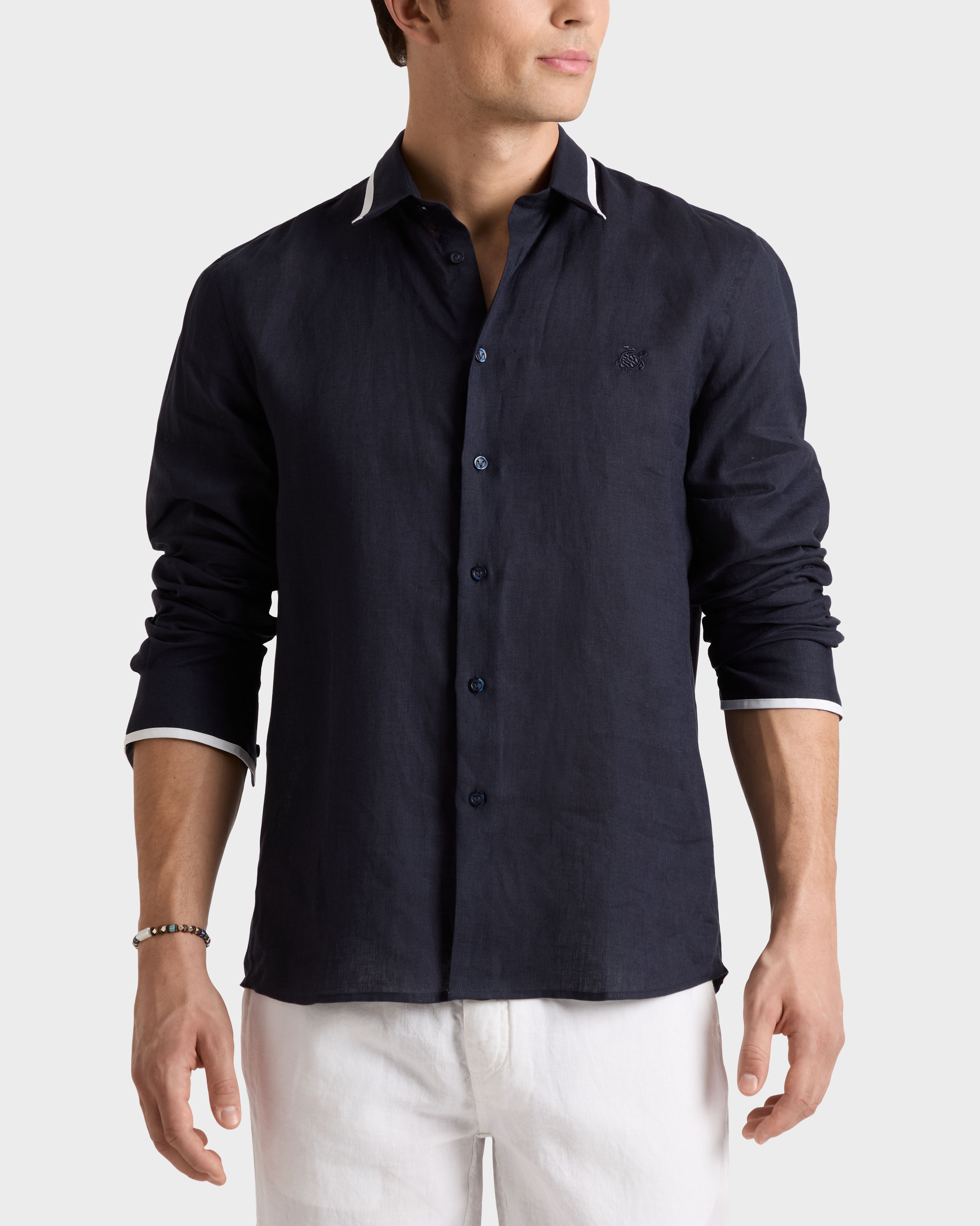 Men Linen Shirt Solid NAVY frontworn view