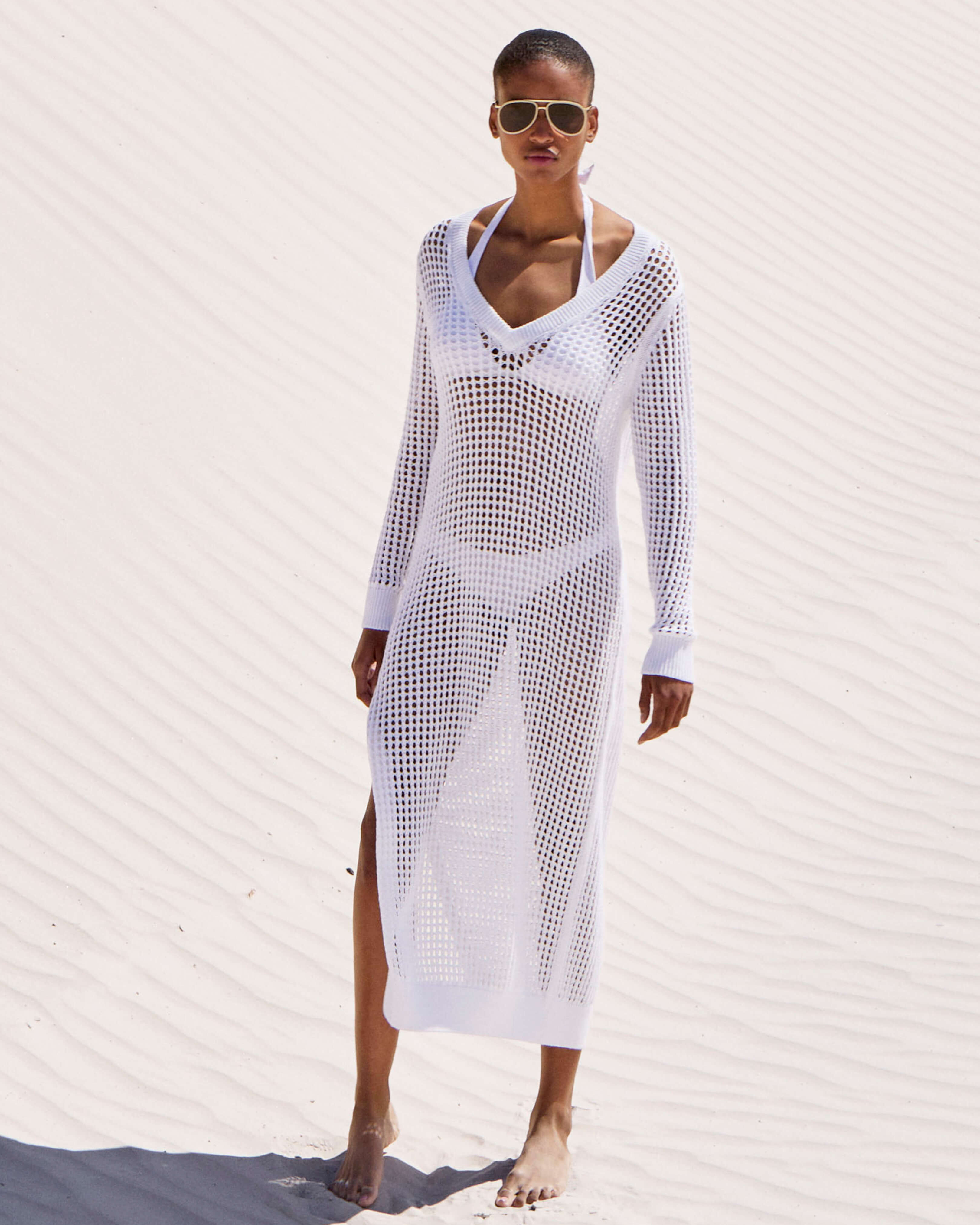 Vestito T-shirt donna all'uncinetto tinta unita BIANCO lifestyle view