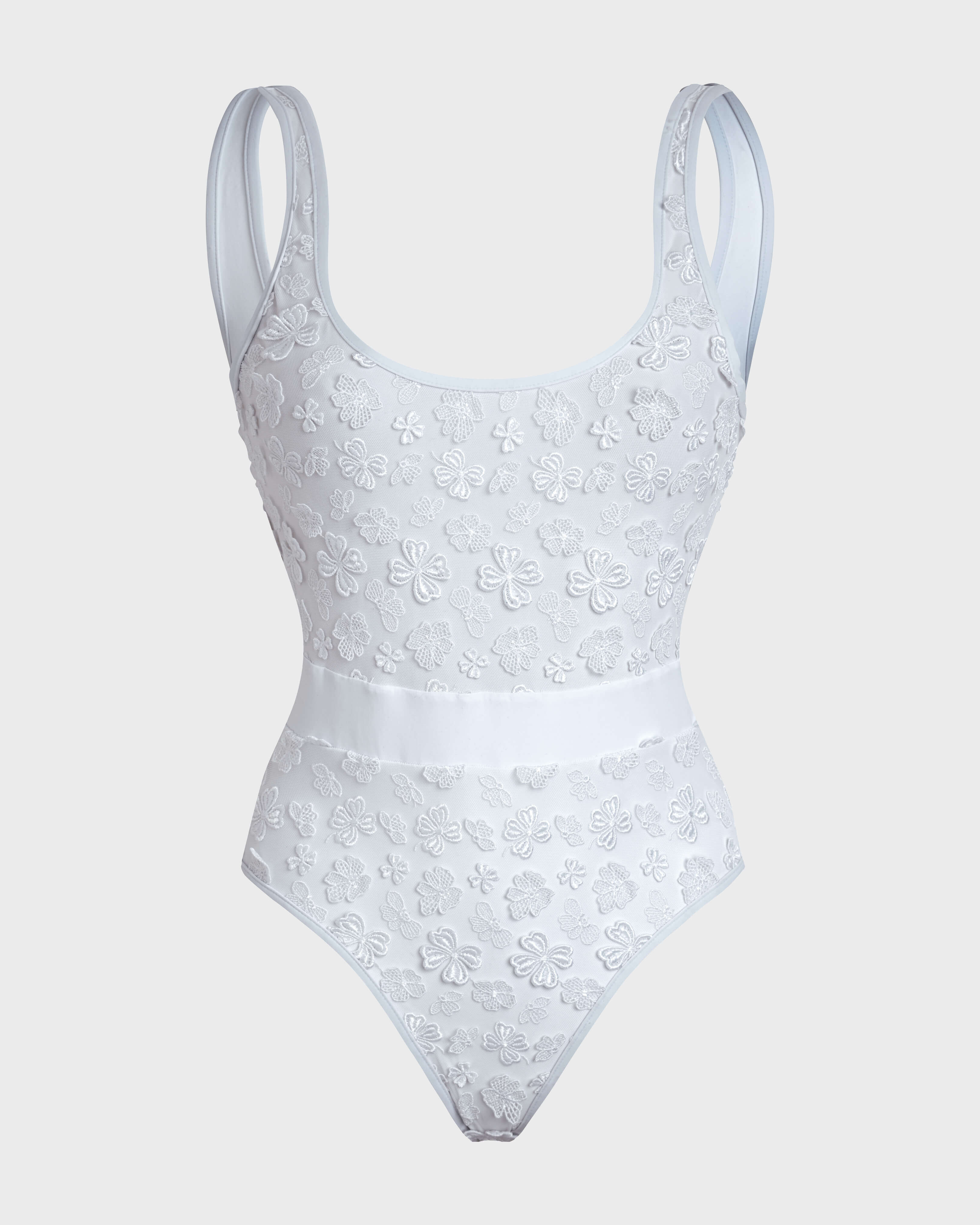 Women One-piece swimsuit Embroidered Flowers WHITE front view