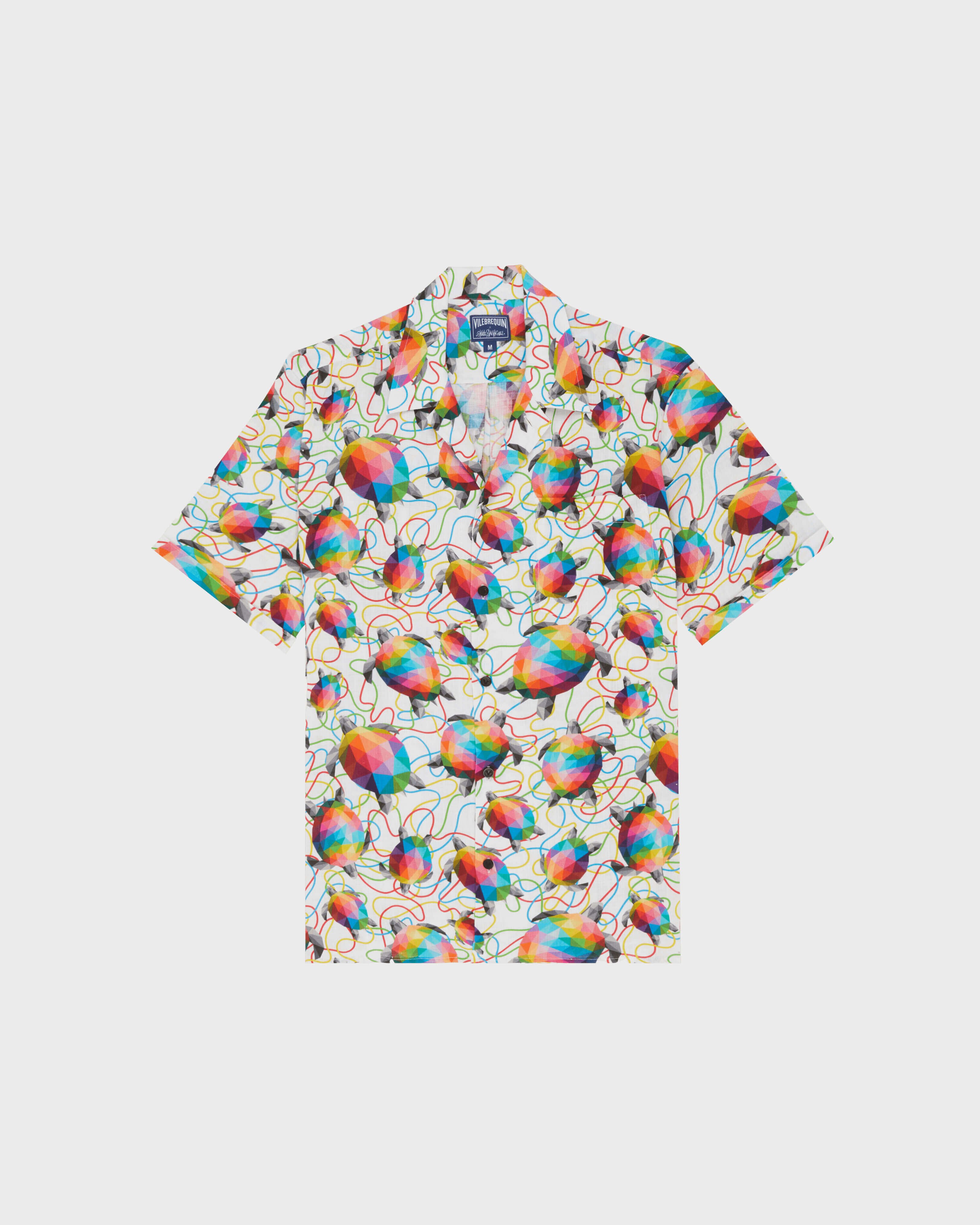 Camisa de bolos de lino con estampado Tortugas para hombre - Vilebrequin x Okuda San Miguel MULTICOLORES front view