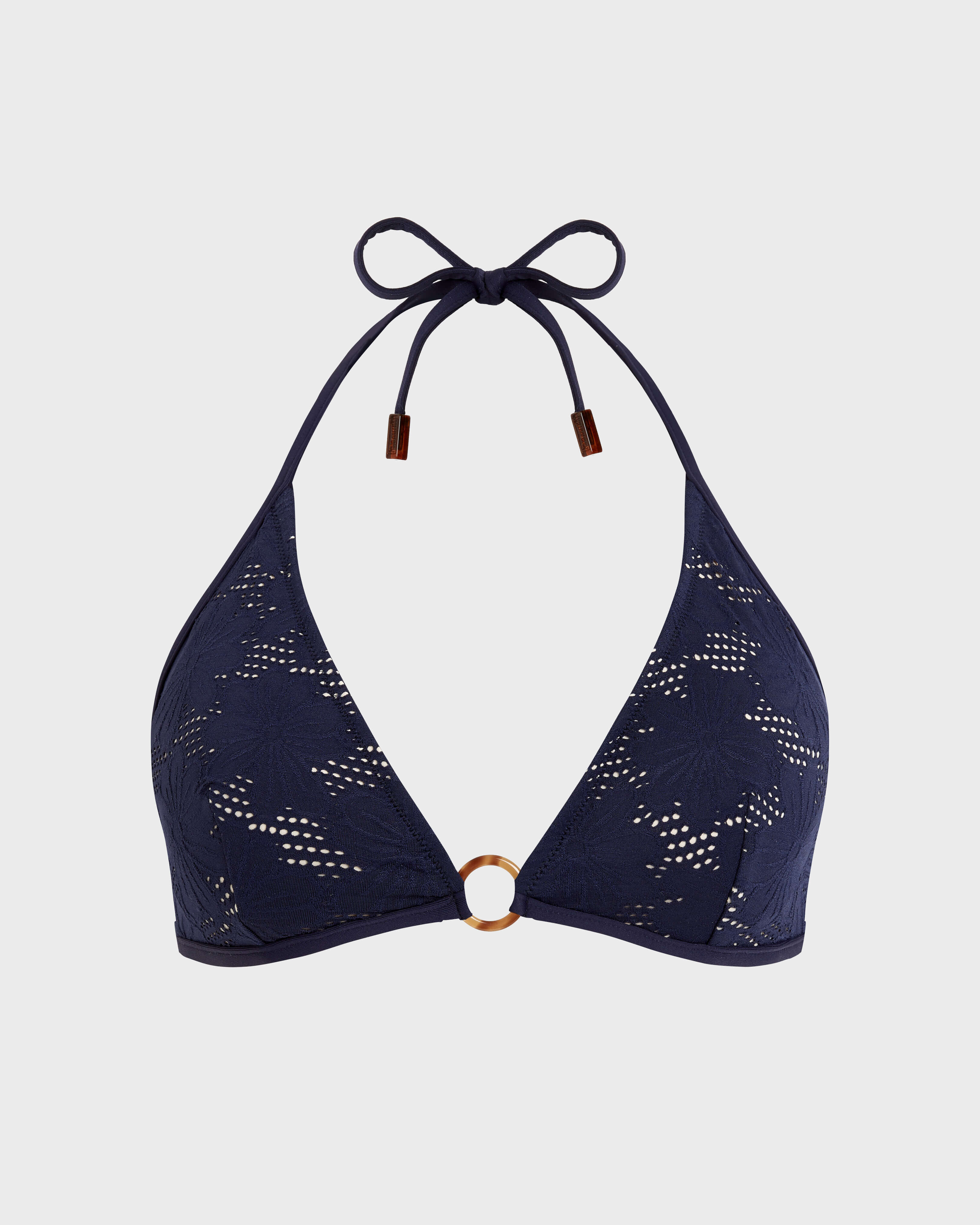 Haut de maillot de bain triangle femme Jacquard Fleur Broderie Anglaise BLEU MARINE front view