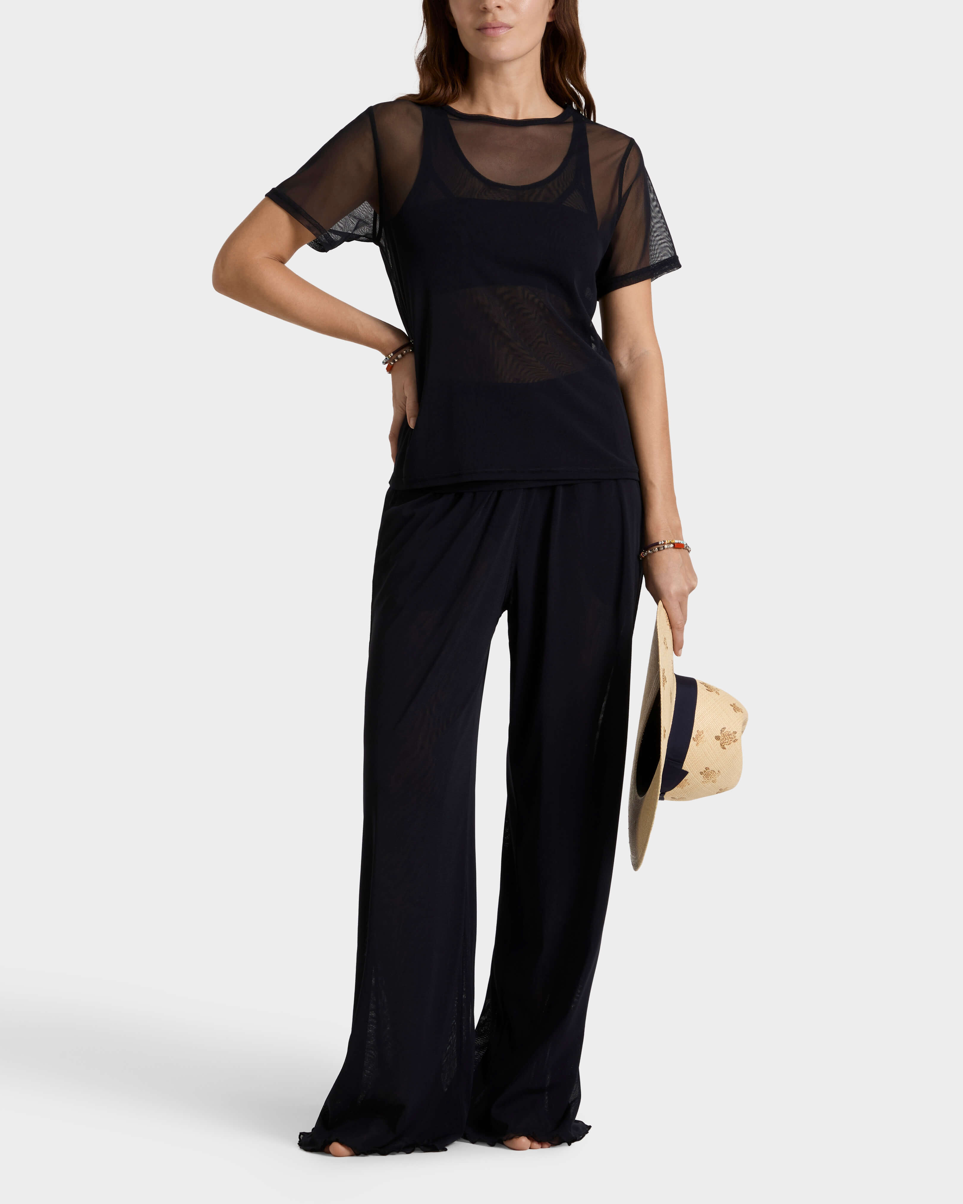 Women Tulle Wide-leg Pants Solid BLACK frontworn view